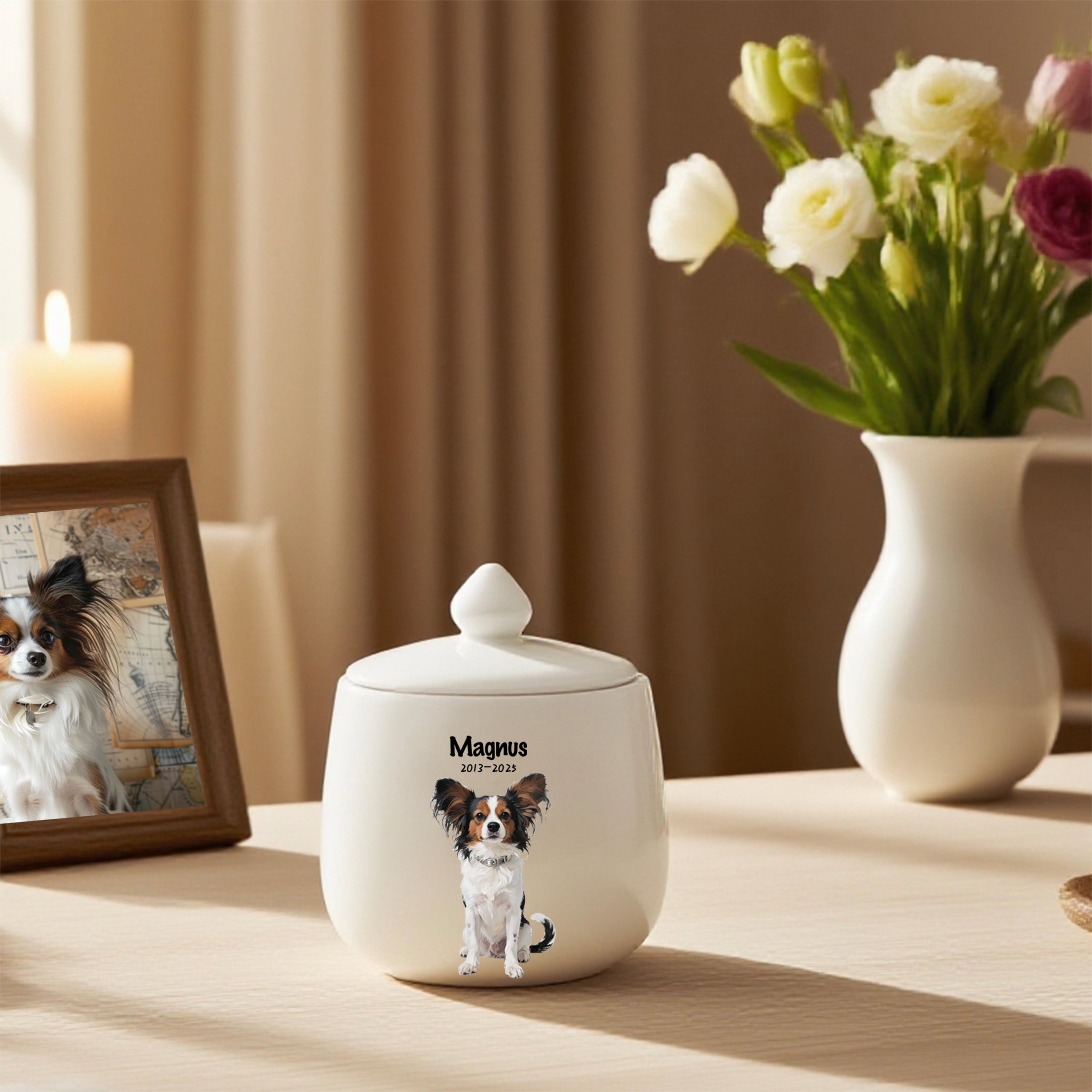 Personalized Dog Urn, Hand-Painted Ceramic Portrait,Name and Date,Floral, Pet Memorial Keepsake, Forever Home & Comfort for Beloved Fur Baby