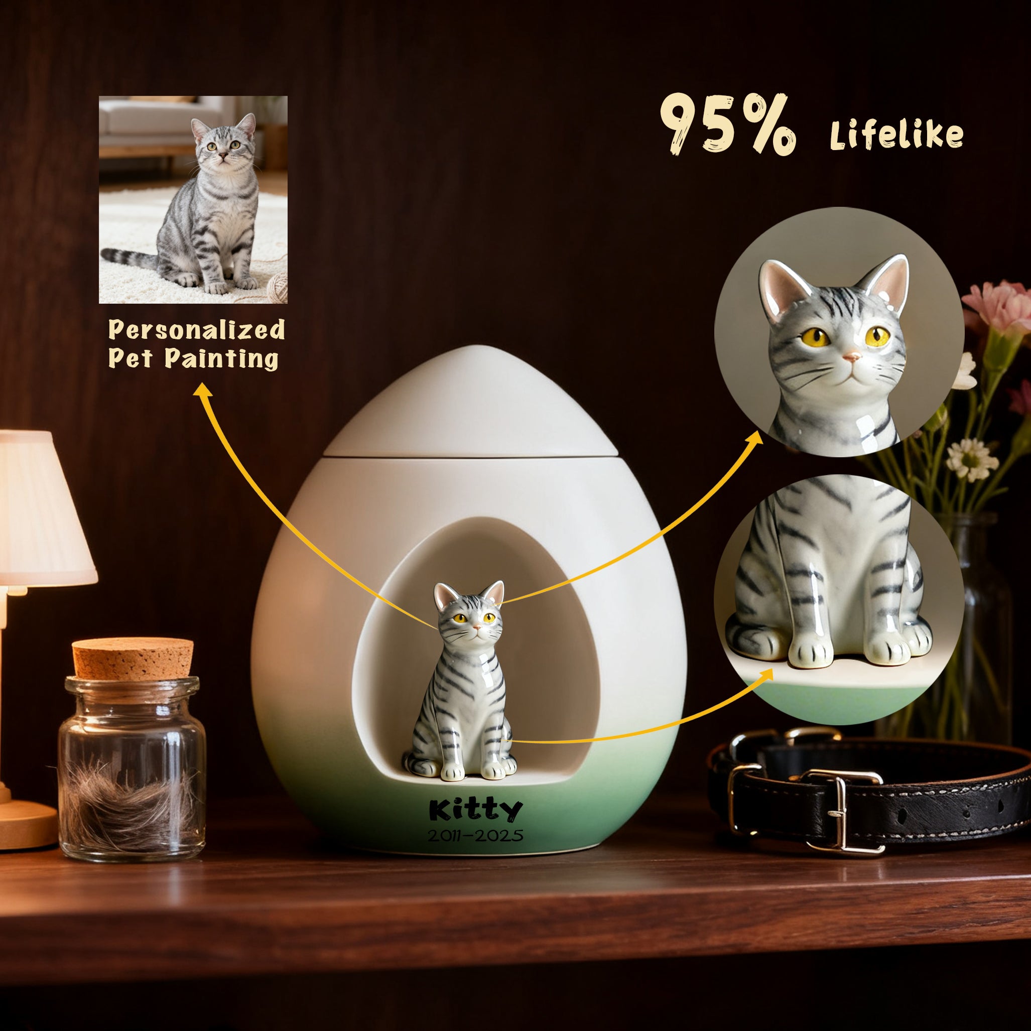 Personalized Cat Urn for Ashes – Handmade Custom Portrait Memorial with Name, A Loving Pet Keepsake