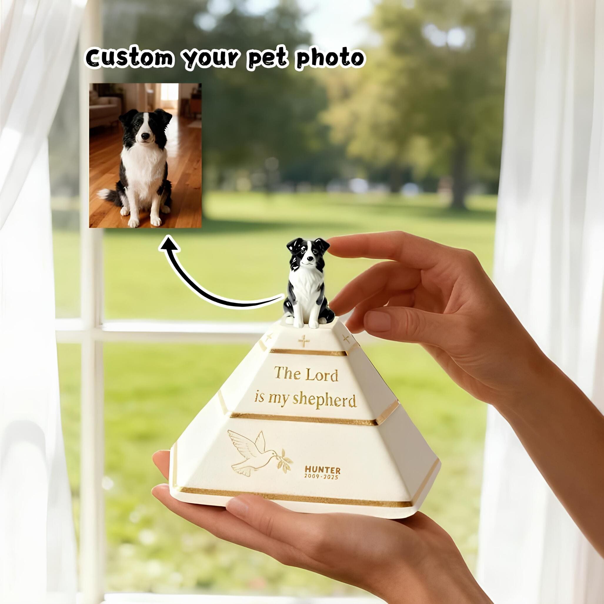 Personalized Pyramid Dog Urn – Custom Pet Ashes Urn with Hand-Sculpted Portrait & Name