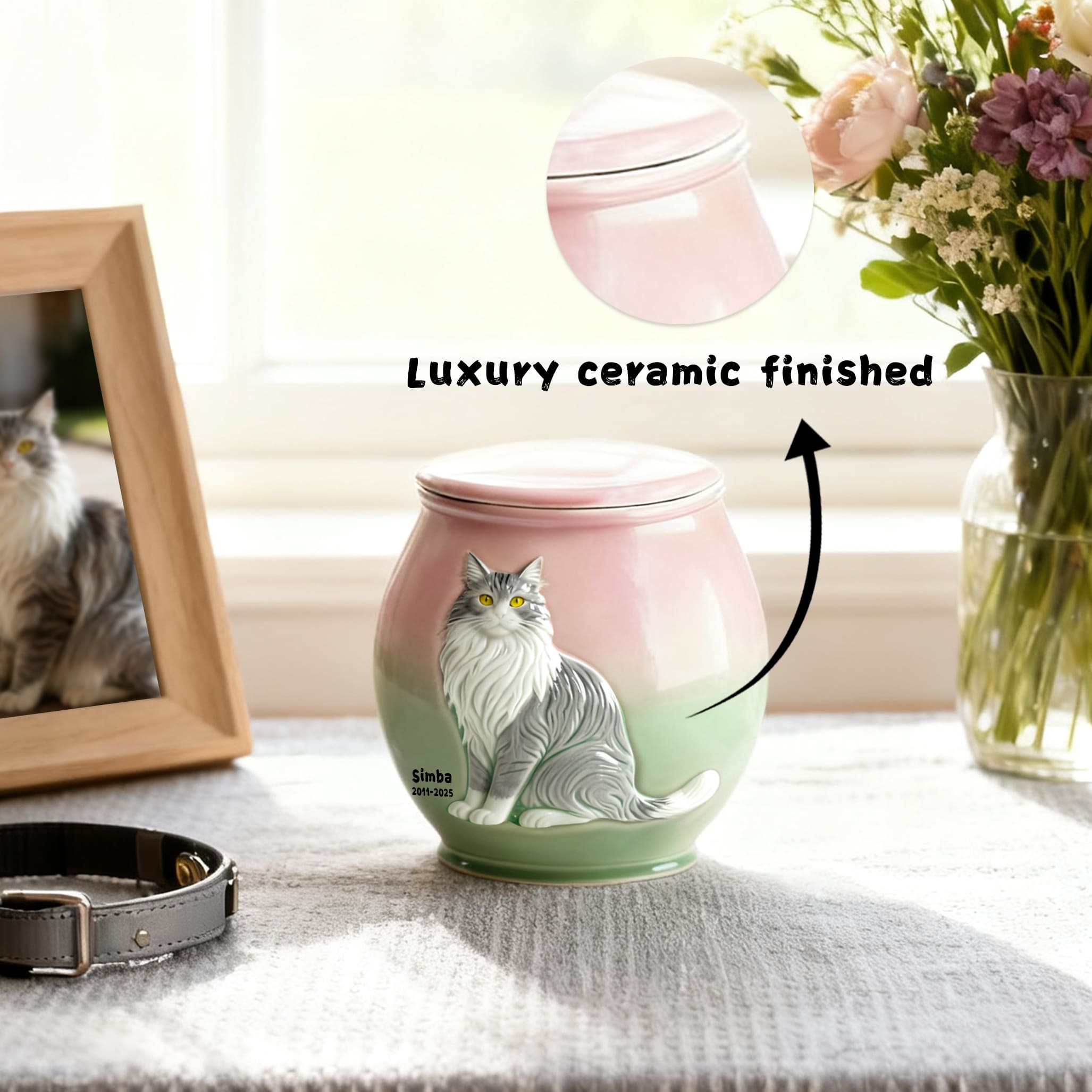 Custom Photo Cat Urn - Gradient Ceramic Pet Memorial Ashes Container