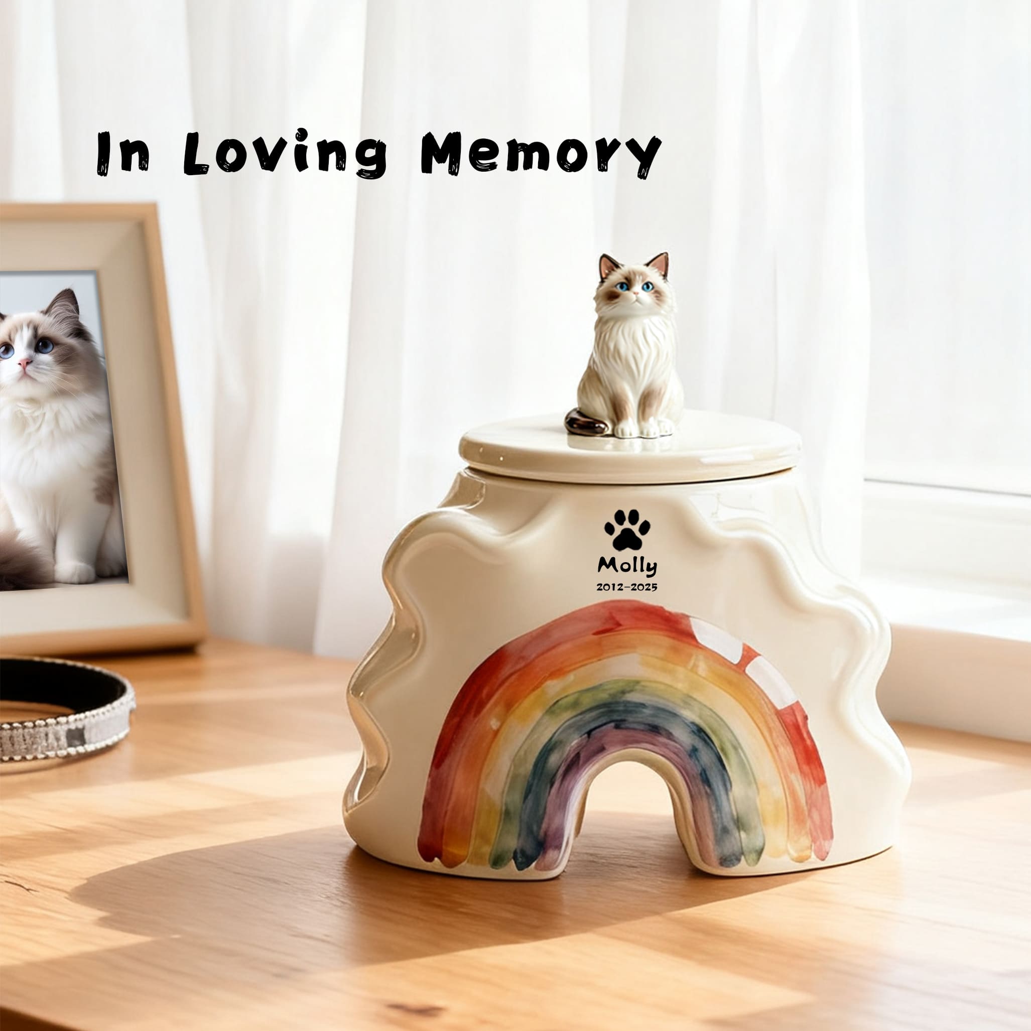 Bespoke Cat Memorial Urn - Rainbow Bridge Themed with Custom Engraving
