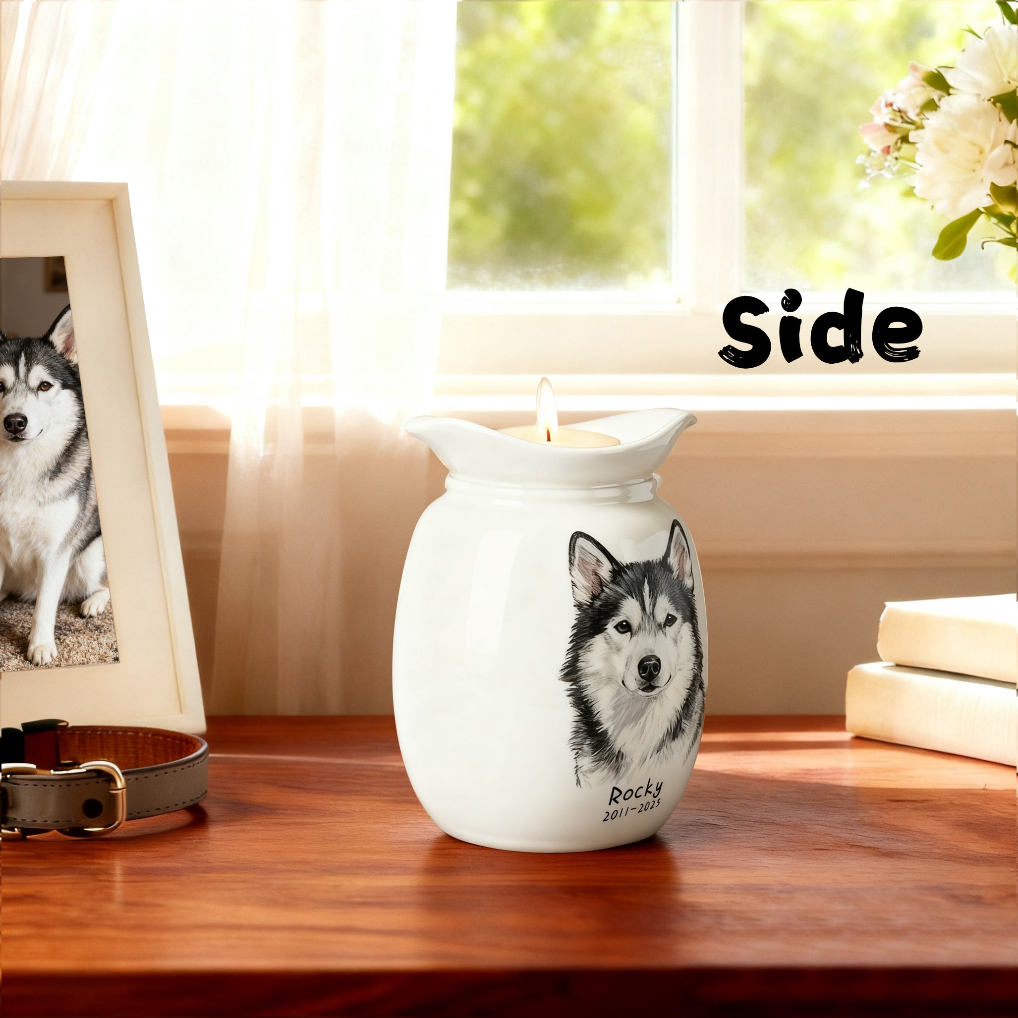 Personalized Dog Urns for Ashes With Candle Holder–Luxury Ceramic Pet Urns for Cat or Dog,Hand-Painting Portrait,Name&Date,Pet Loss Gift