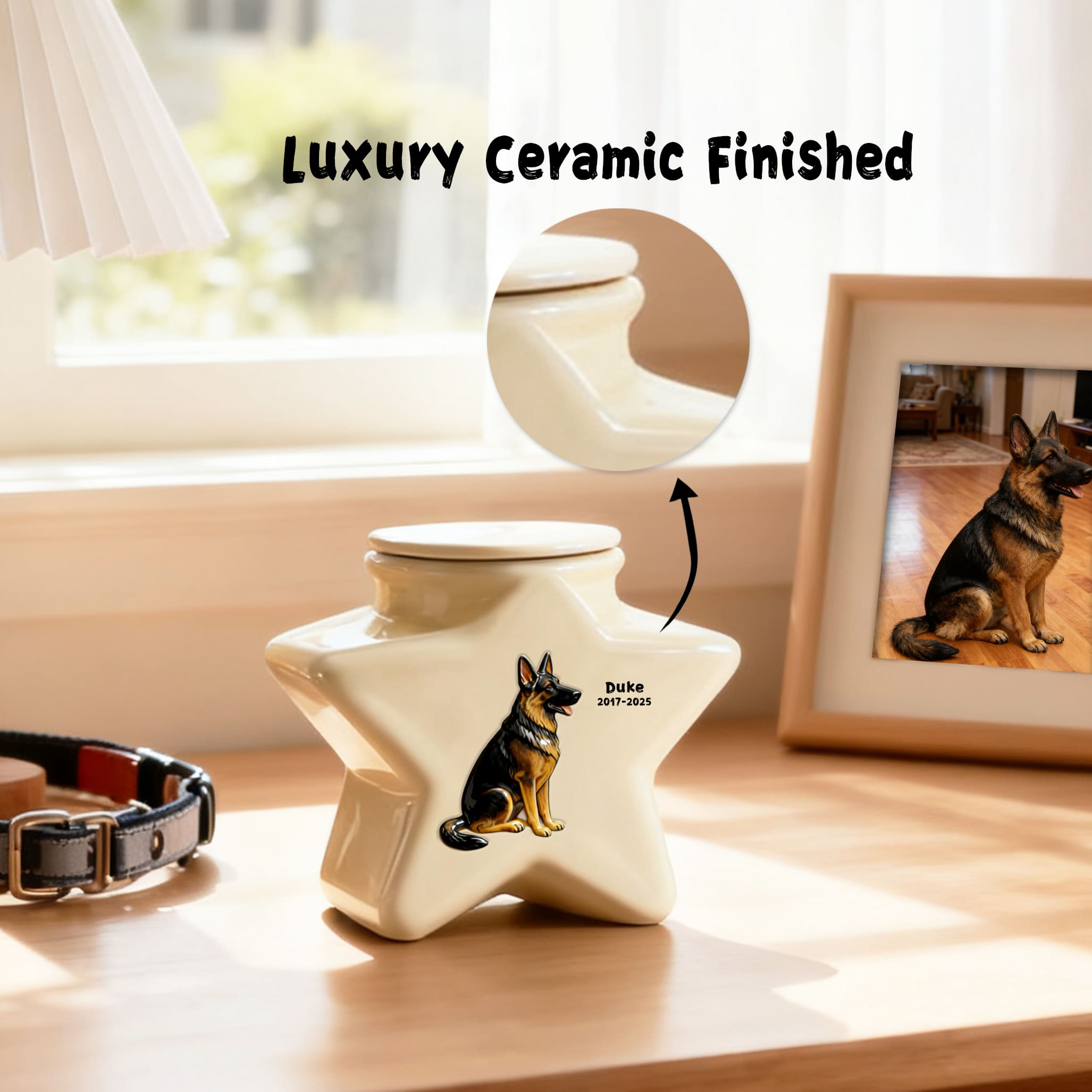 Custom Personalized Border Collie Pet Urn - Engraved Star Ceramic Dog Ashes Memorial
