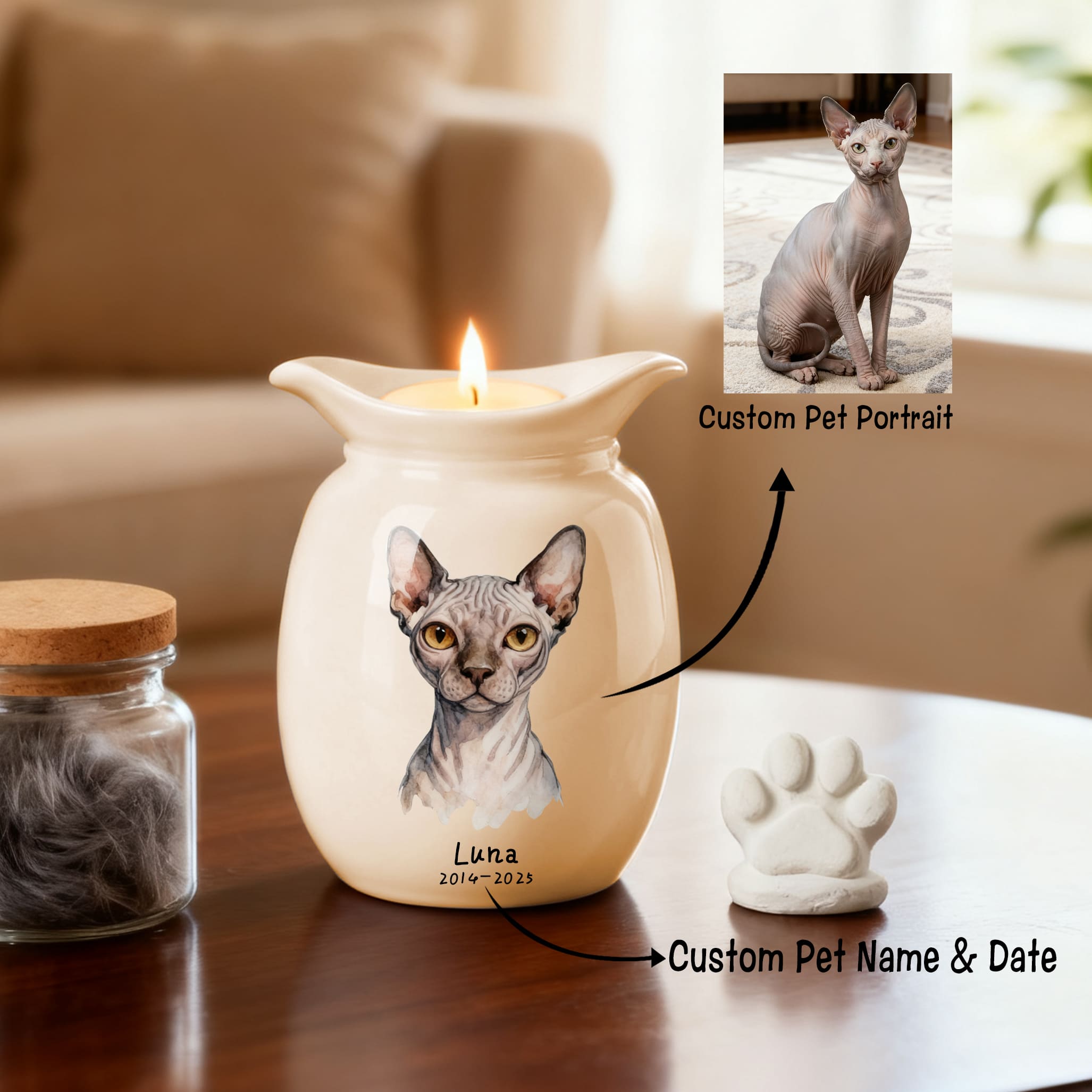 Personalized Cat Urns for Ashes With Candle Holder–Luxury Ceramic Pet Urns for Cat or Dog,Hand-Painting Portrait,Name&Date,Pet Loss Gift