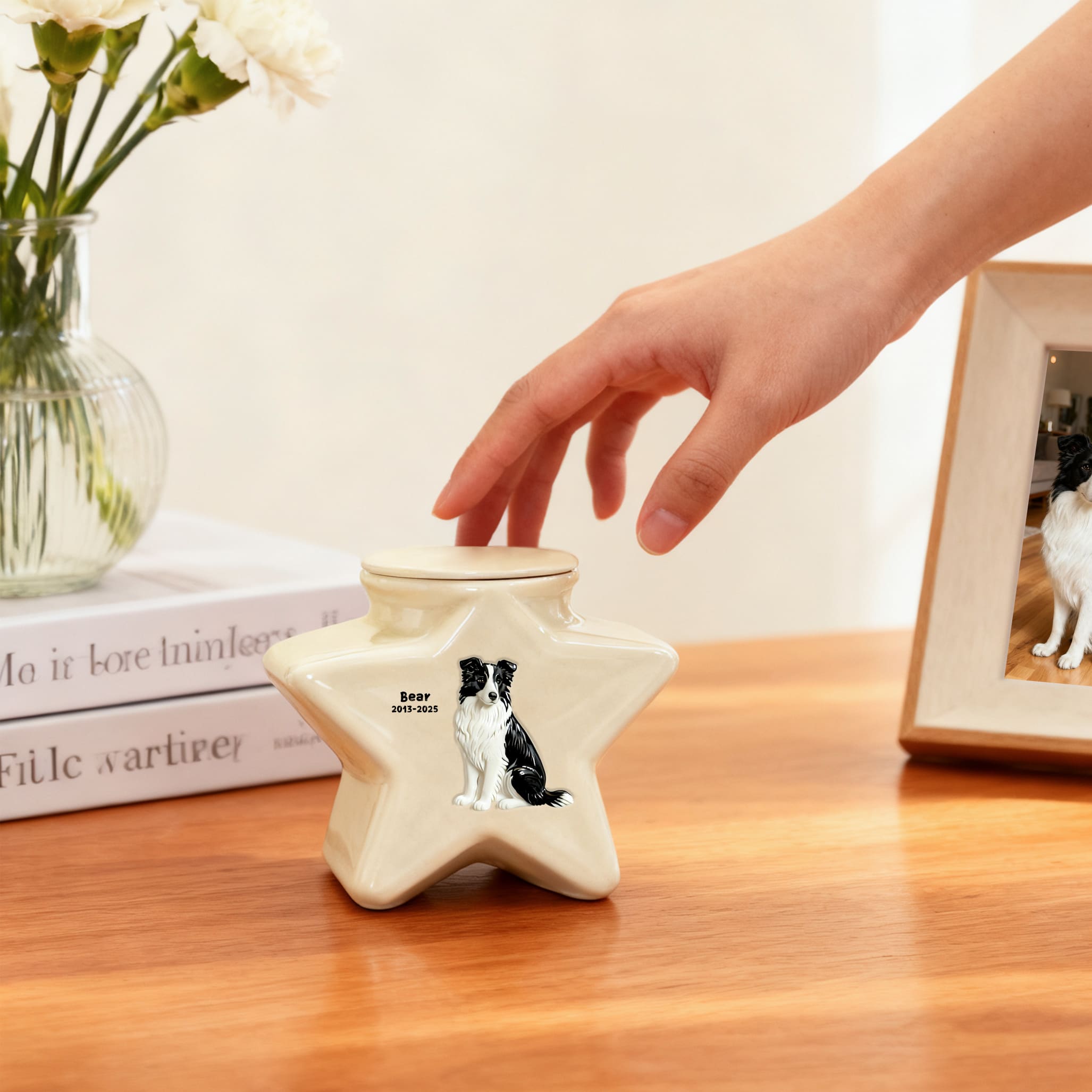 Custom Personalized Border Collie Pet Urn - Engraved Star Ceramic Dog Ashes Memorial