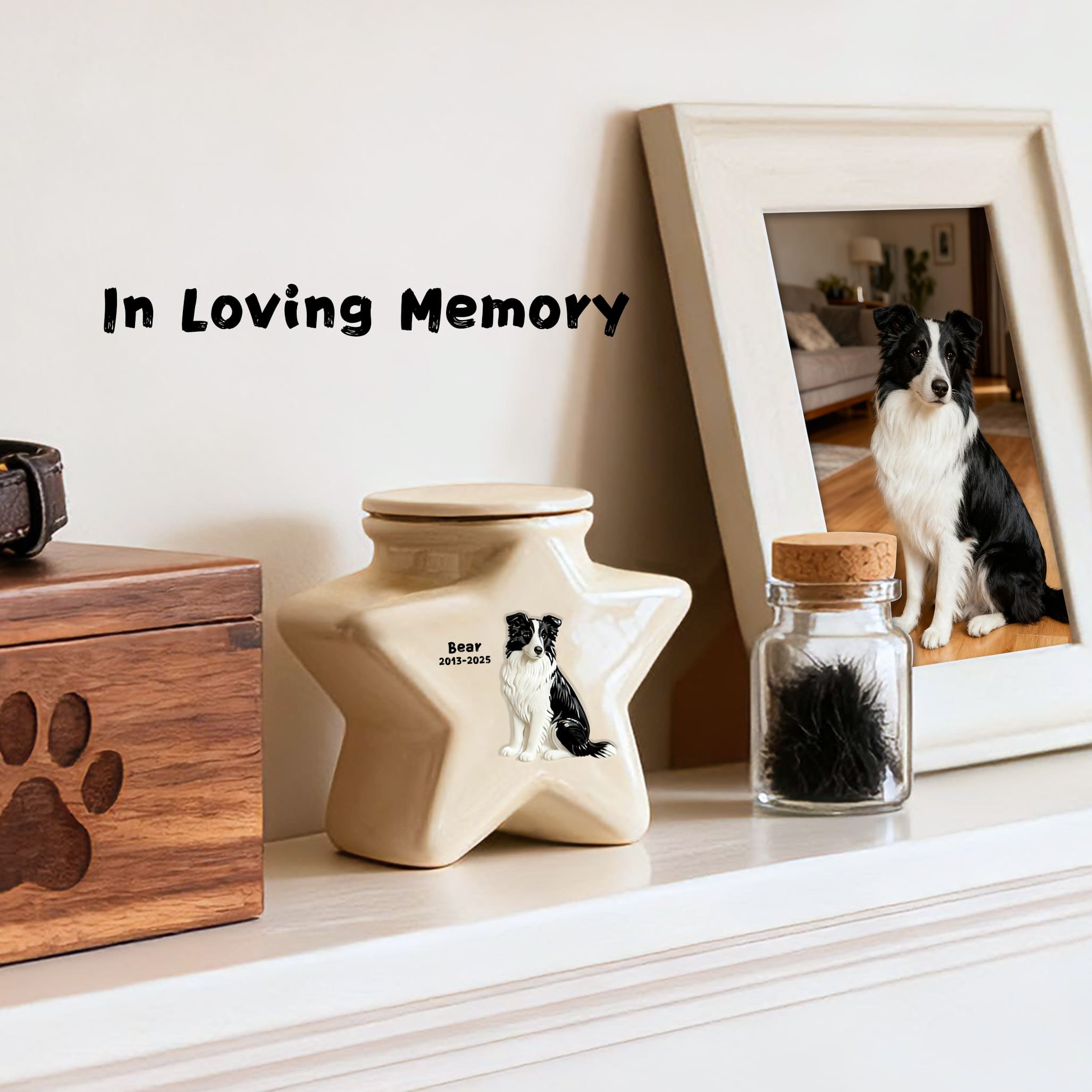 Custom Personalized Border Collie Pet Urn - Engraved Star Ceramic Dog Ashes Memorial