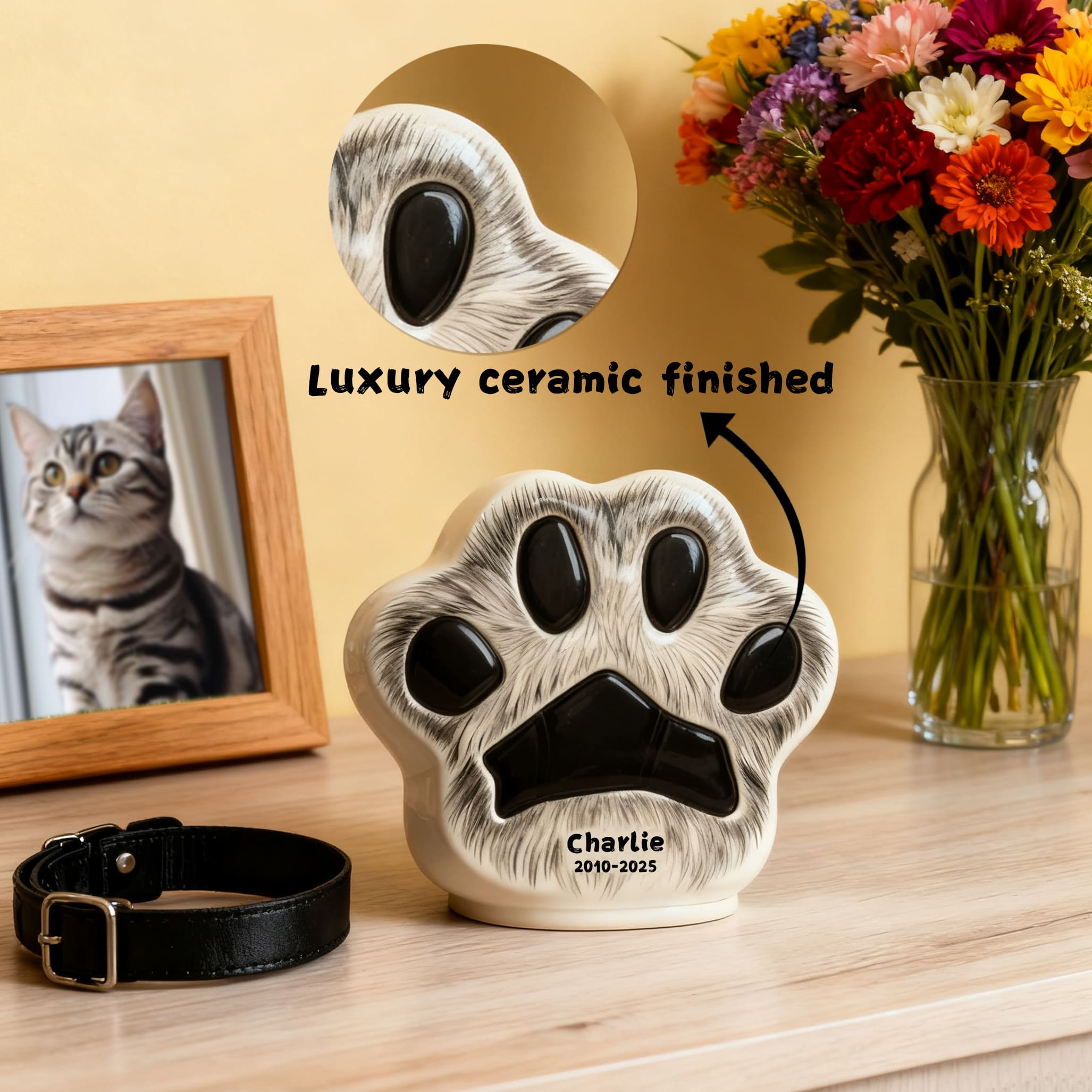 Personalized Pet Urn (Dog & Cat) - Paw Print Ceramic Jar with Sealed Lid | Memorial Urn Including Tariff