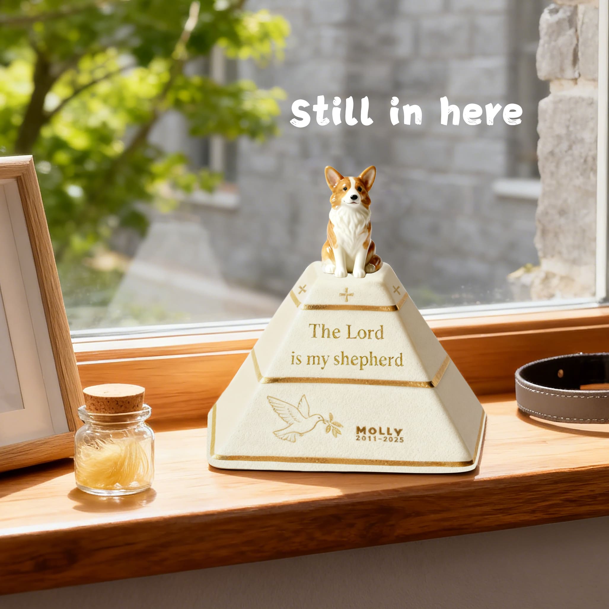 Custom Pyramid Pet Urn for Ashes – Hand-Painted Dog Figurine | “The Lord Is My Shepherd” Memorial
