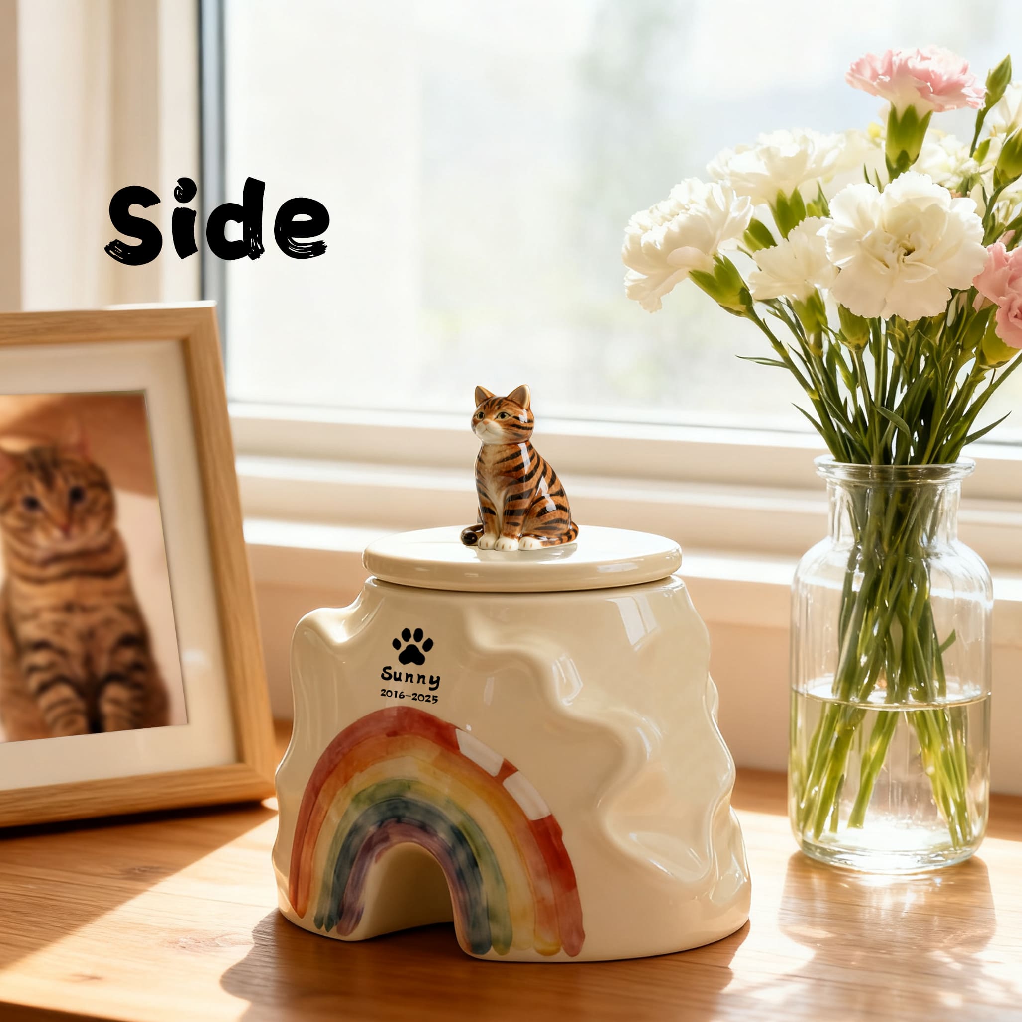 Bespoke Cat Memorial Urn - Rainbow Bridge Themed with Custom Engraving