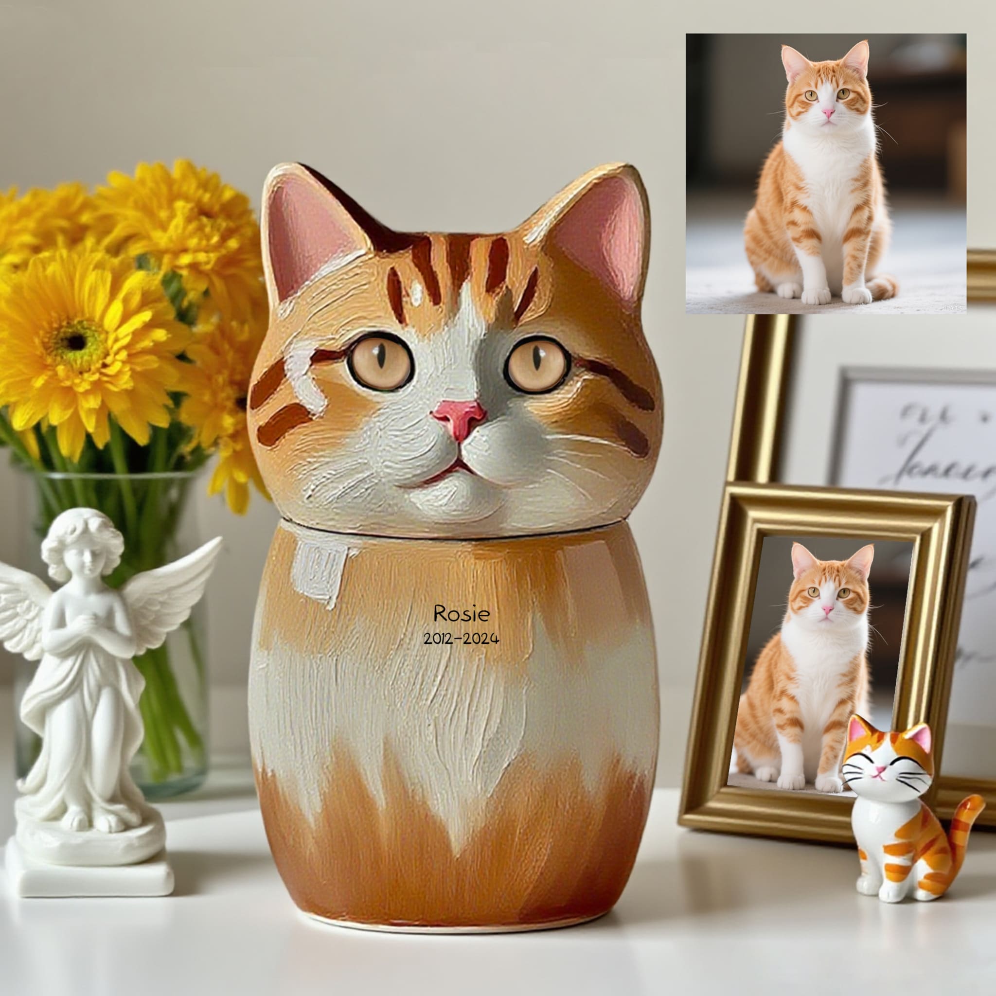 Custom Painted Cat Pet Urn - Rosie 2012 - 2024, Cherish Her Memory Forever