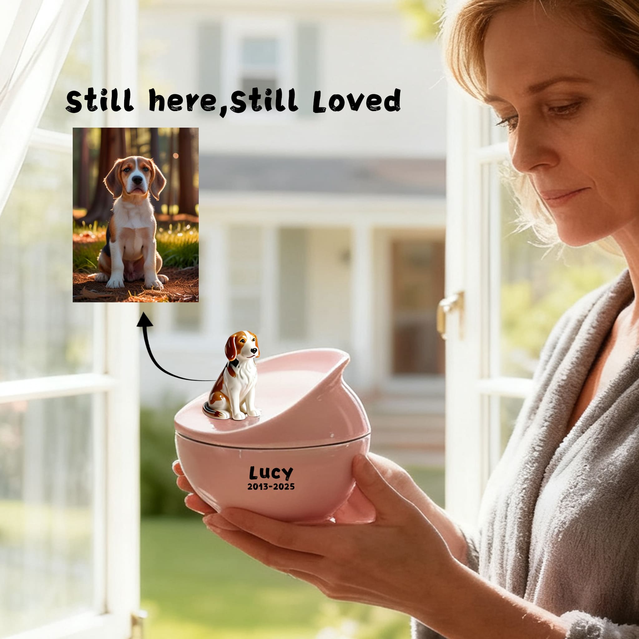 Personalized Dog Memorial Urn | Custom Ceramic Ashes Urn with Portrait, Name & Dates