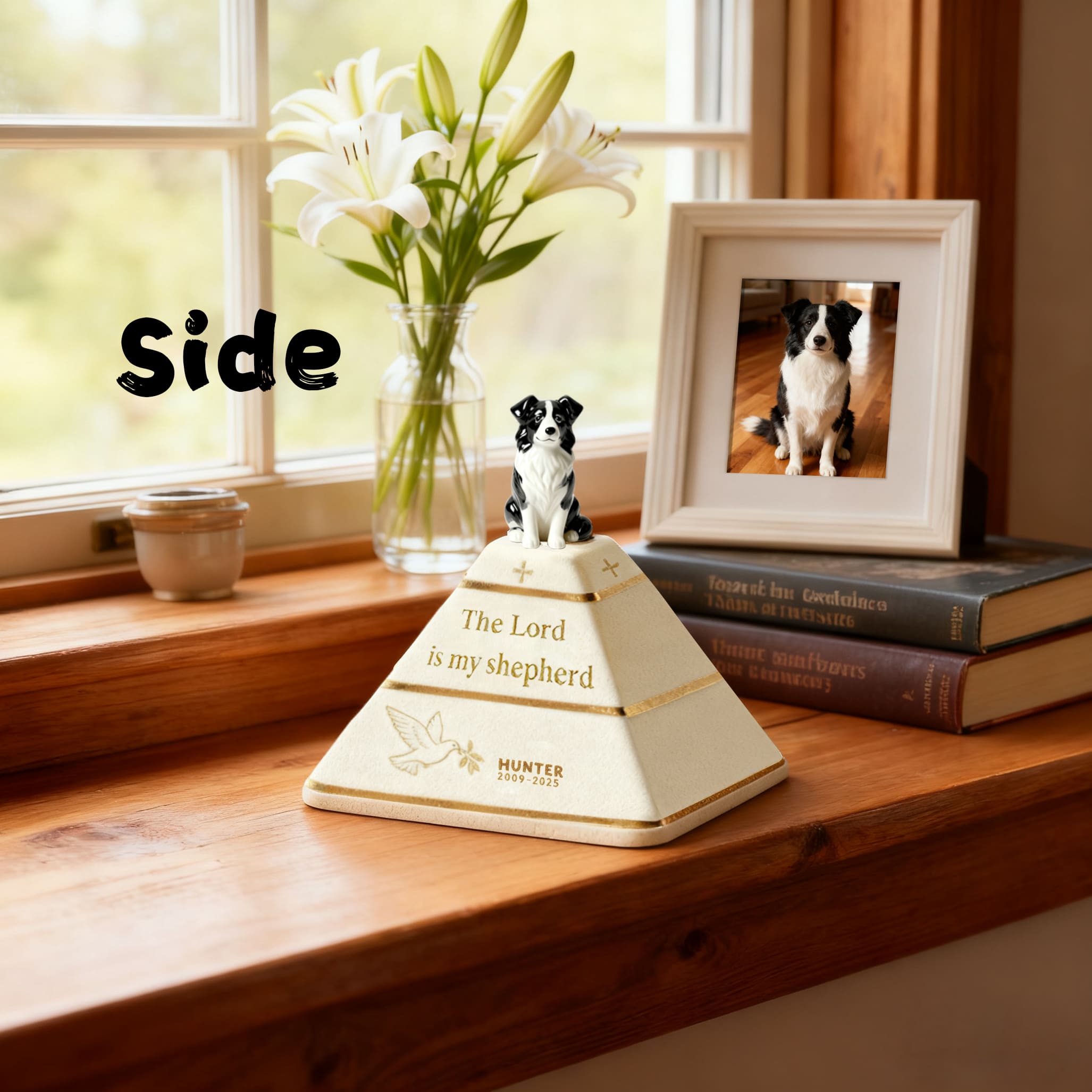 Personalized Pyramid Dog Urn – Custom Pet Ashes Urn with Hand-Sculpted Portrait & Name