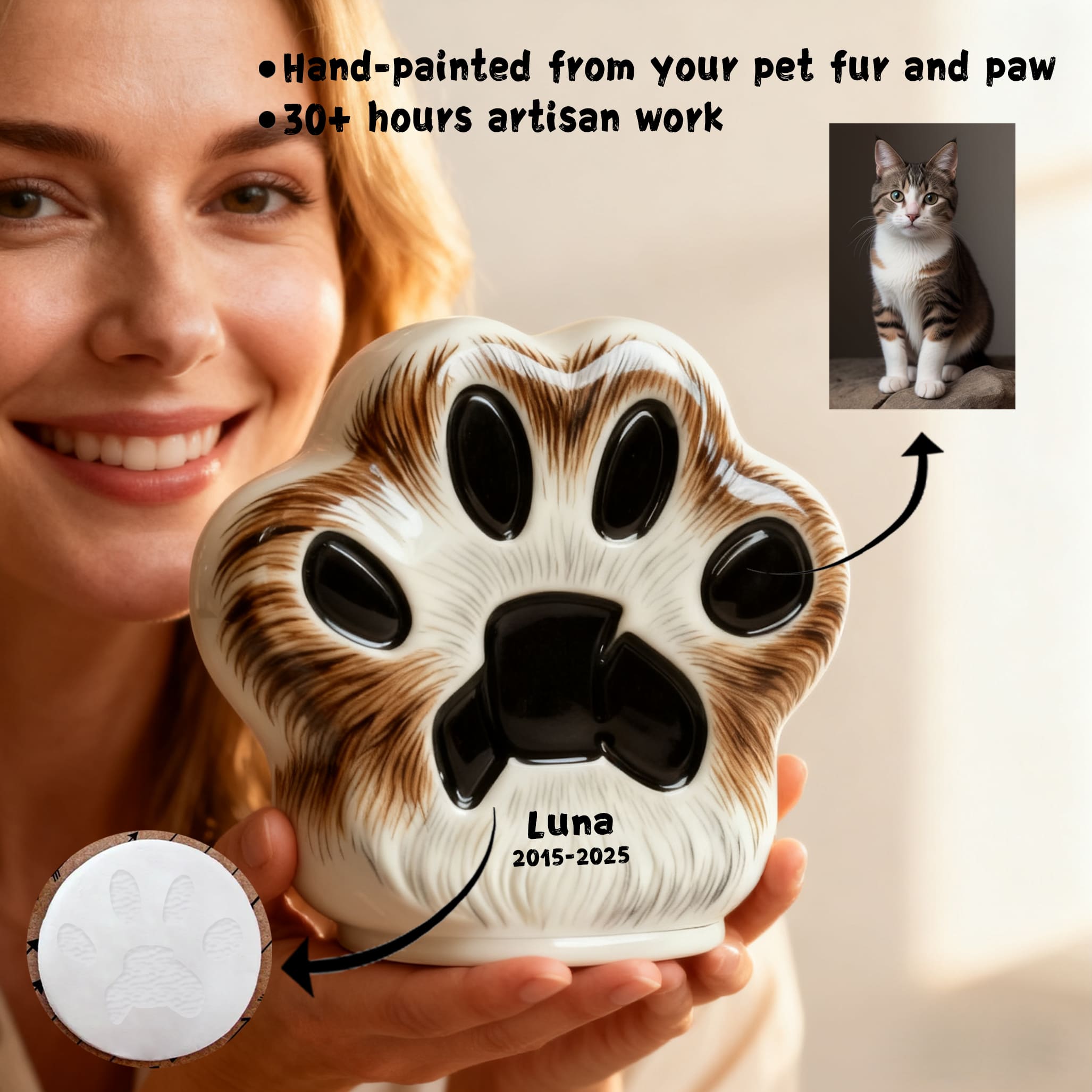 Personalized Pet Urn (Dog & Cat) - Paw Print Ceramic Jar with Sealed Lid | Memorial Urn Including Tariff