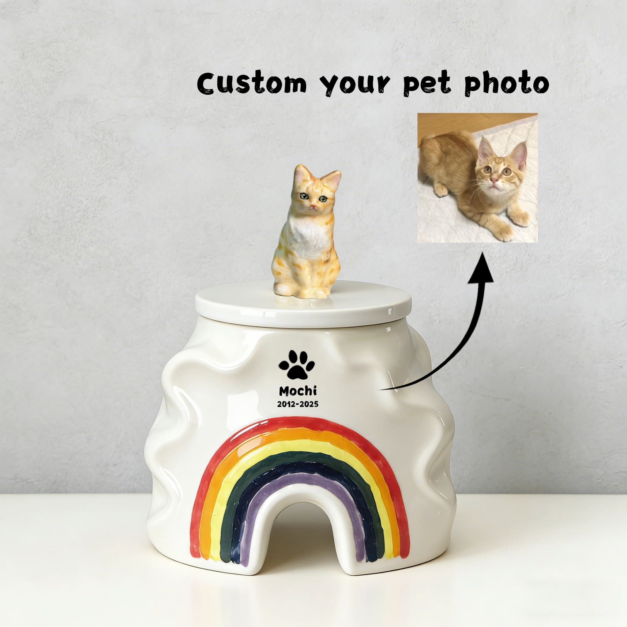 Personalized-cat-urn-mochi-rainbow-shape-custom-photo