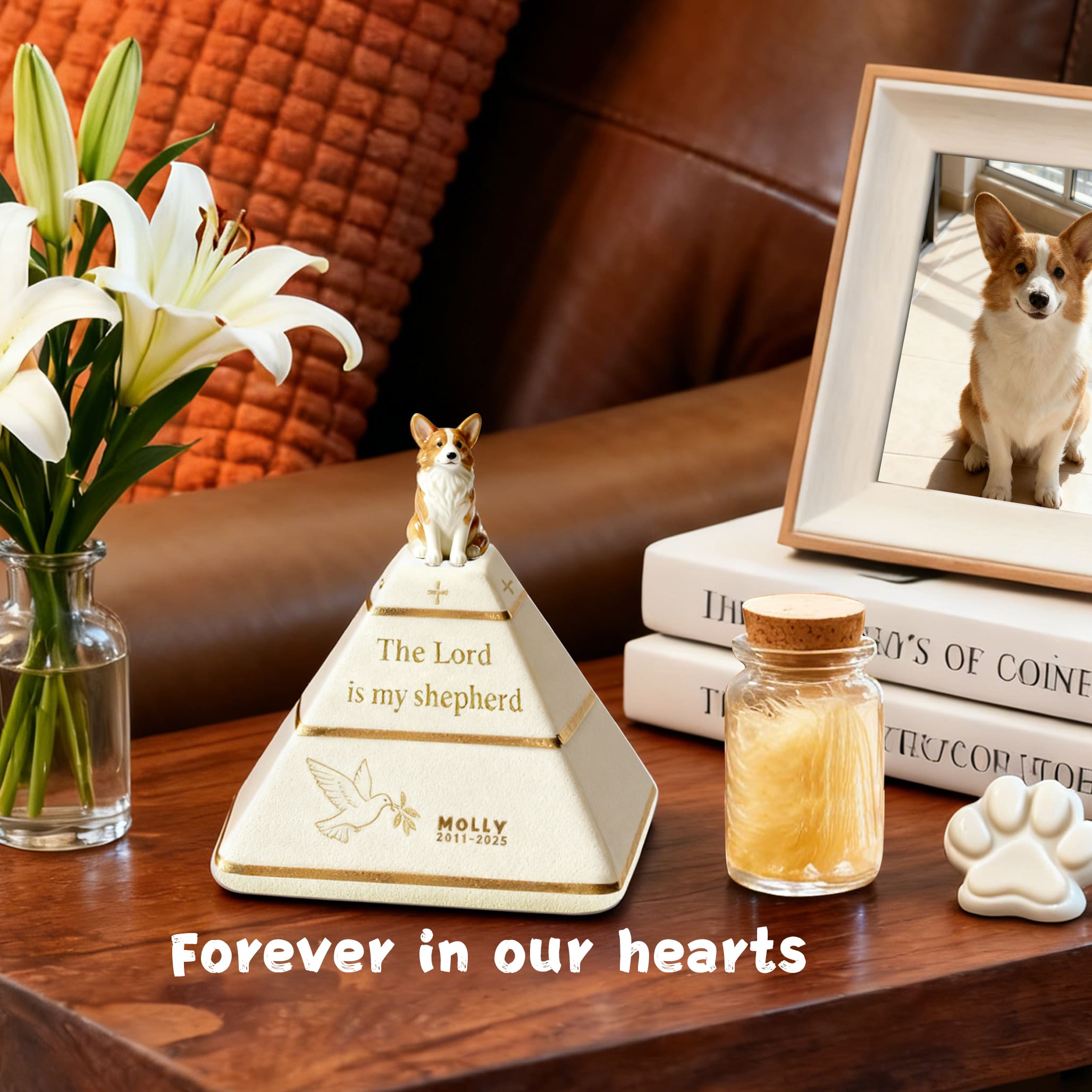 Personalized Pyramid Dog Urn – Custom Pet Ashes Urn with Hand-Sculpted Portrait & Name