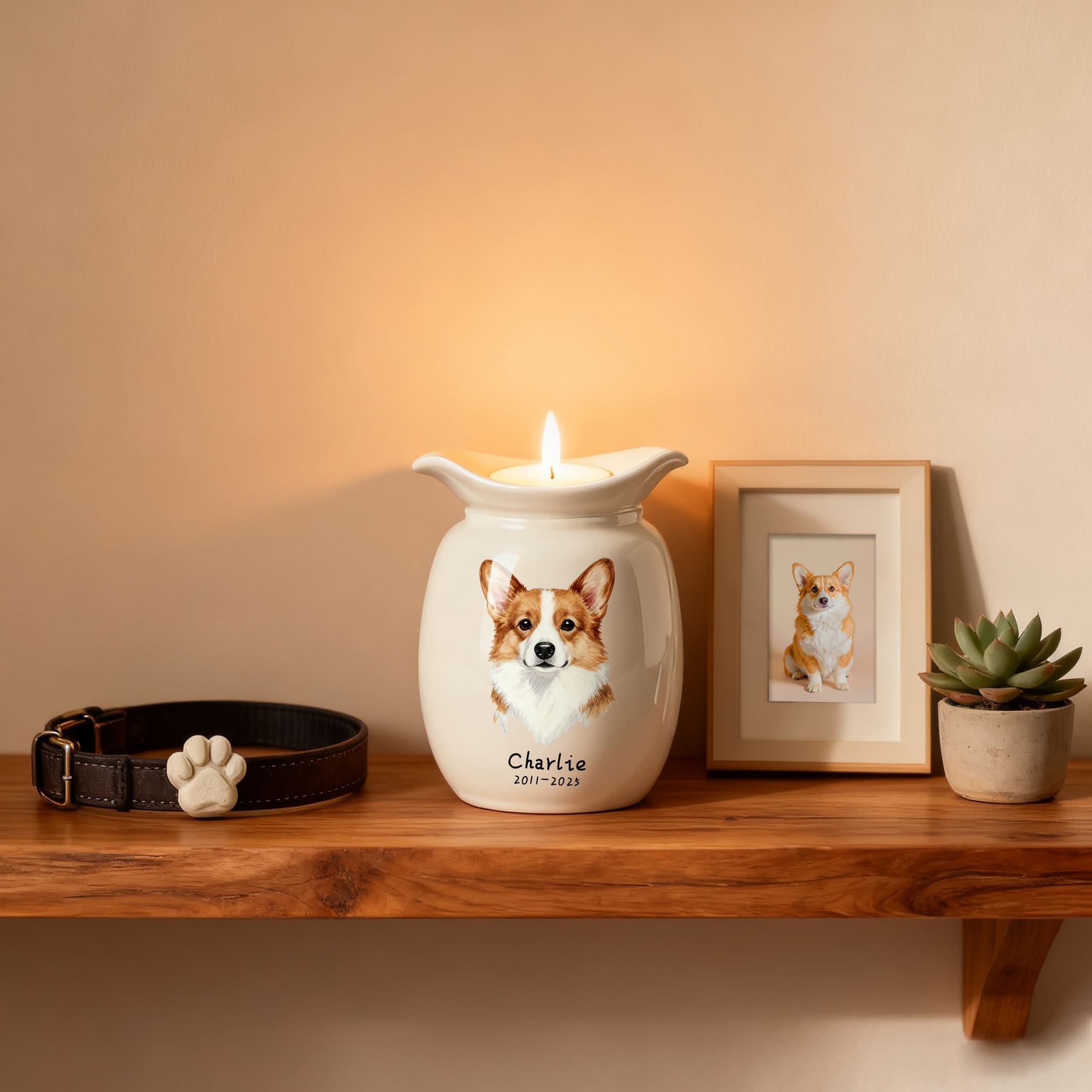 Personalized Dog Urns for Ashes With Candle Holder–Luxury Ceramic Pet Urns for Cat or Dog,Hand-Painting Portrait,Name&Date,Pet Loss Gift