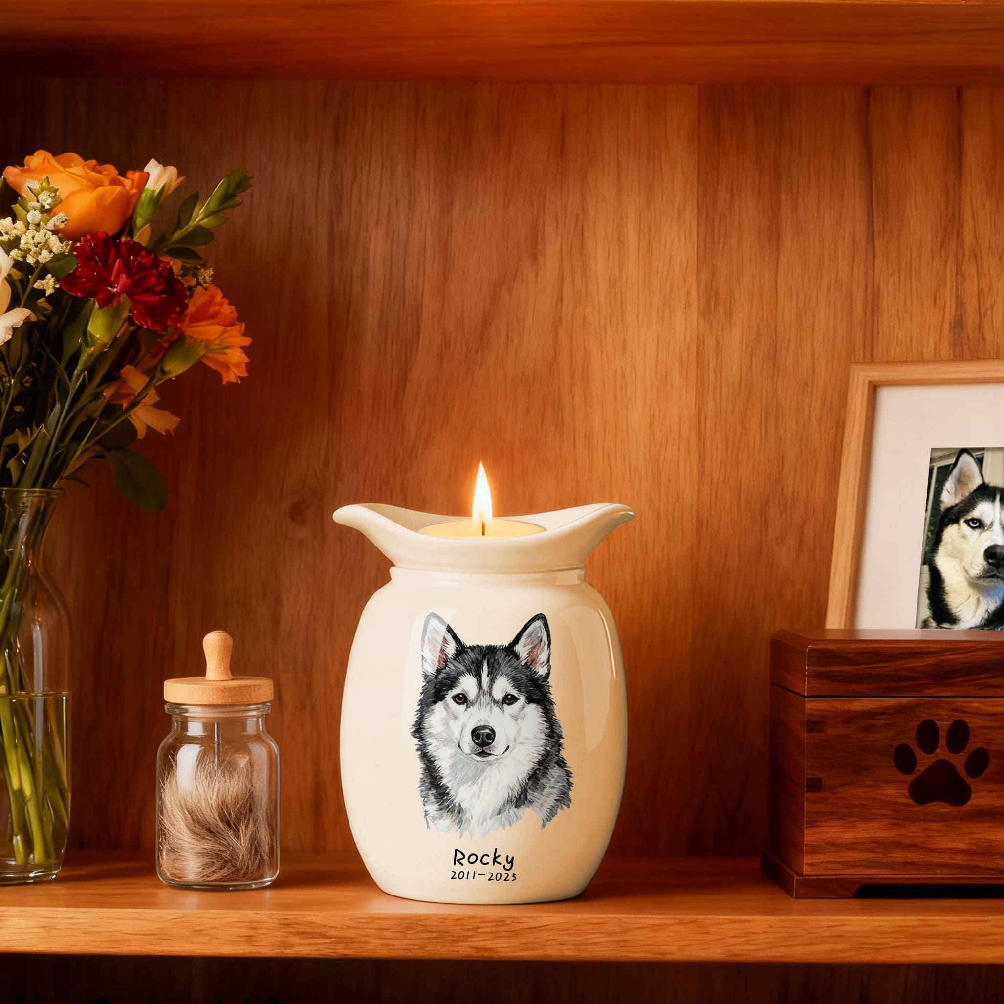 Personalized Dog Urns for Ashes With Candle Holder–Luxury Ceramic Pet Urns for Cat or Dog,Hand-Painting Portrait,Name&Date,Pet Loss Gift