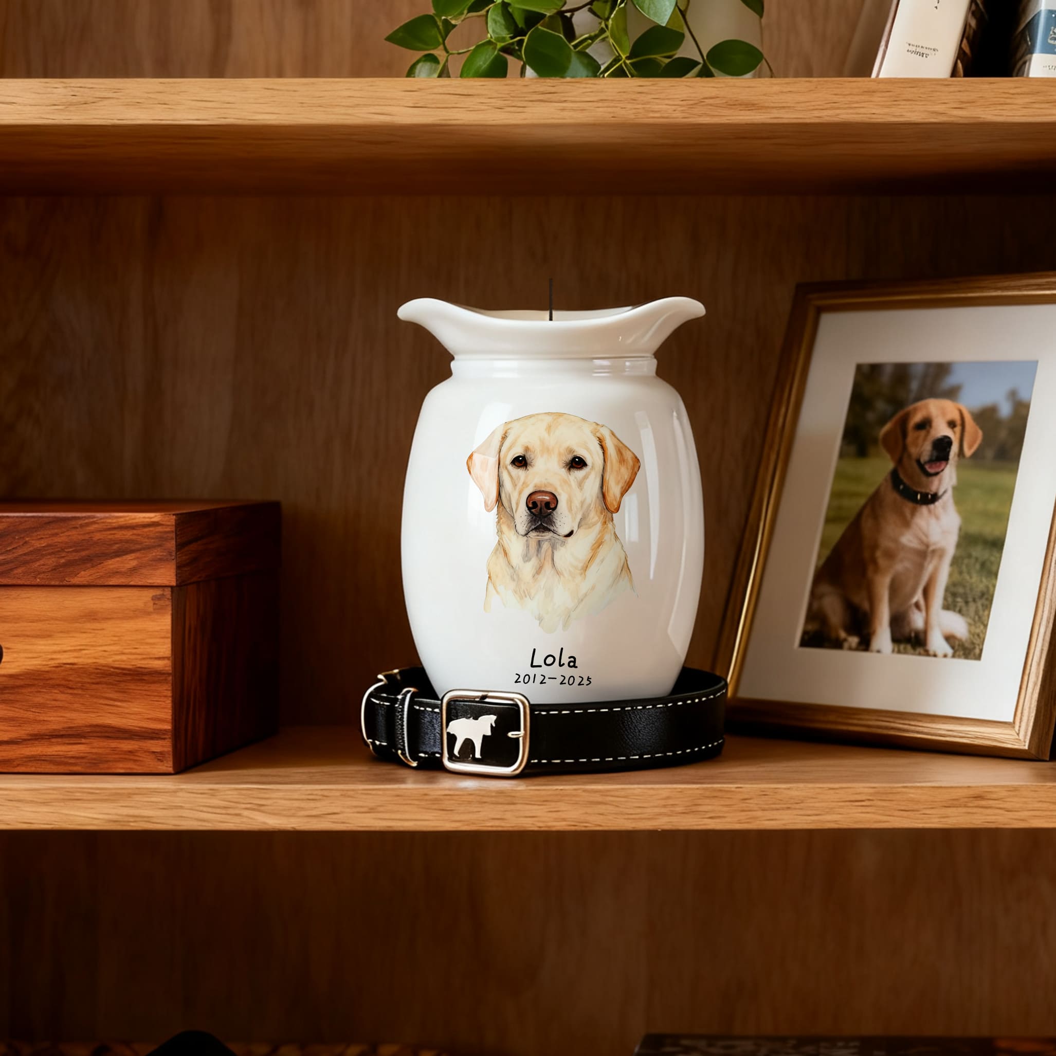 Personalized Dog Urns for Ashes With Candle Holder–Luxury Ceramic Pet Urns for Cat or Dog,Hand-Painting Portrait,Name&Date,Pet Loss Gift