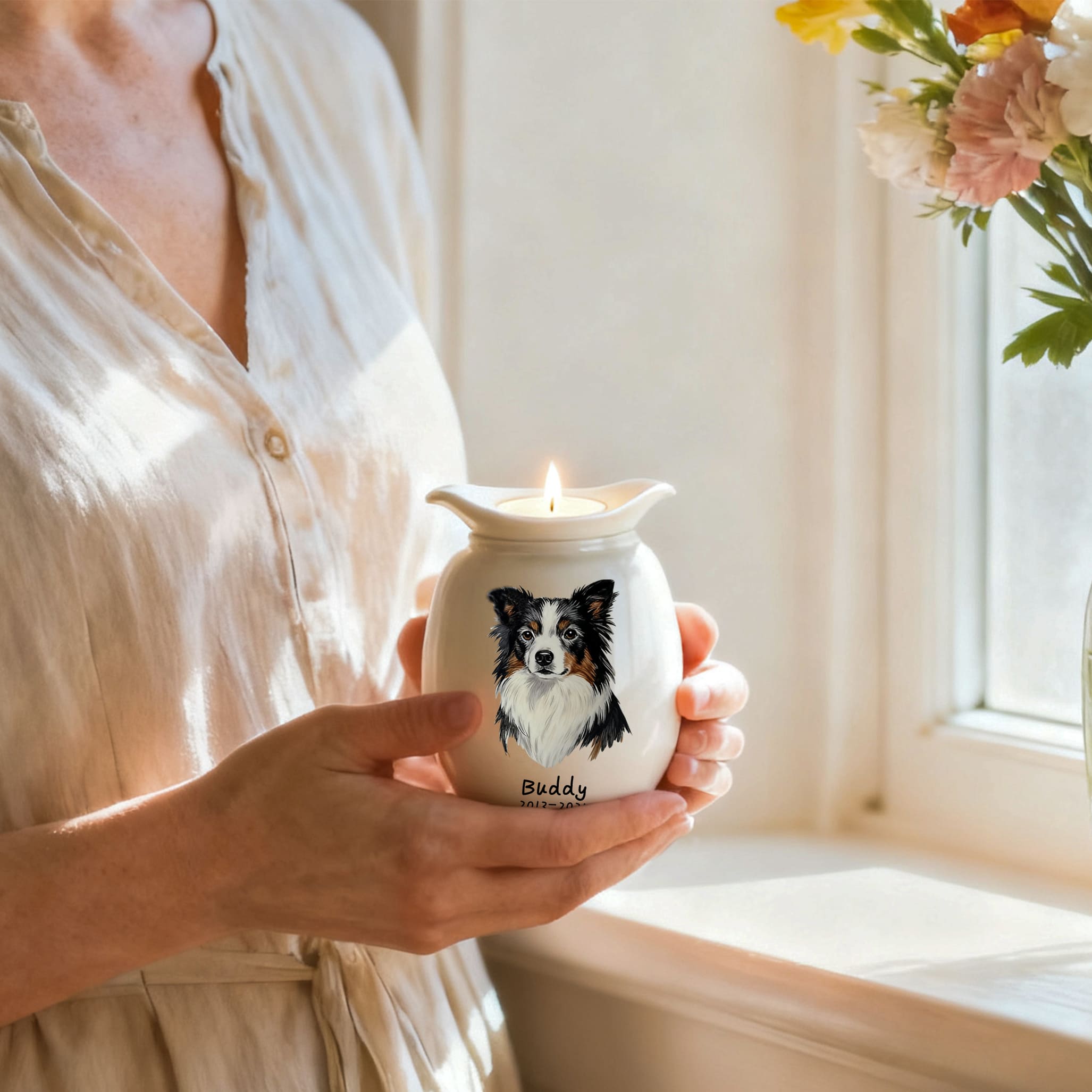 Personalized Dog Urns for Ashes With Candle Holder–Luxury Ceramic Pet Urns for Cat or Dog,Hand-Painting Portrait,Name&Date,Pet Loss Gift