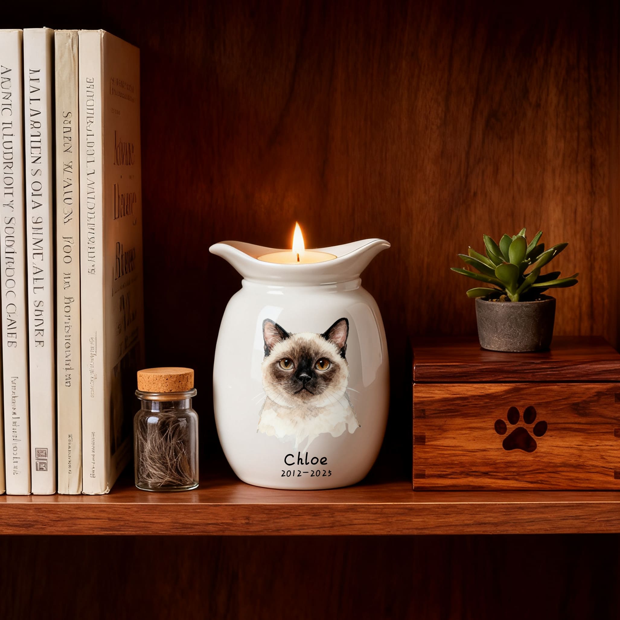 Personalized Cat Urns for Ashes With Candle Holder–Luxury Ceramic Pet Urns for Cat or Dog,Hand-Painting Portrait,Name&Date,Pet Loss Gift