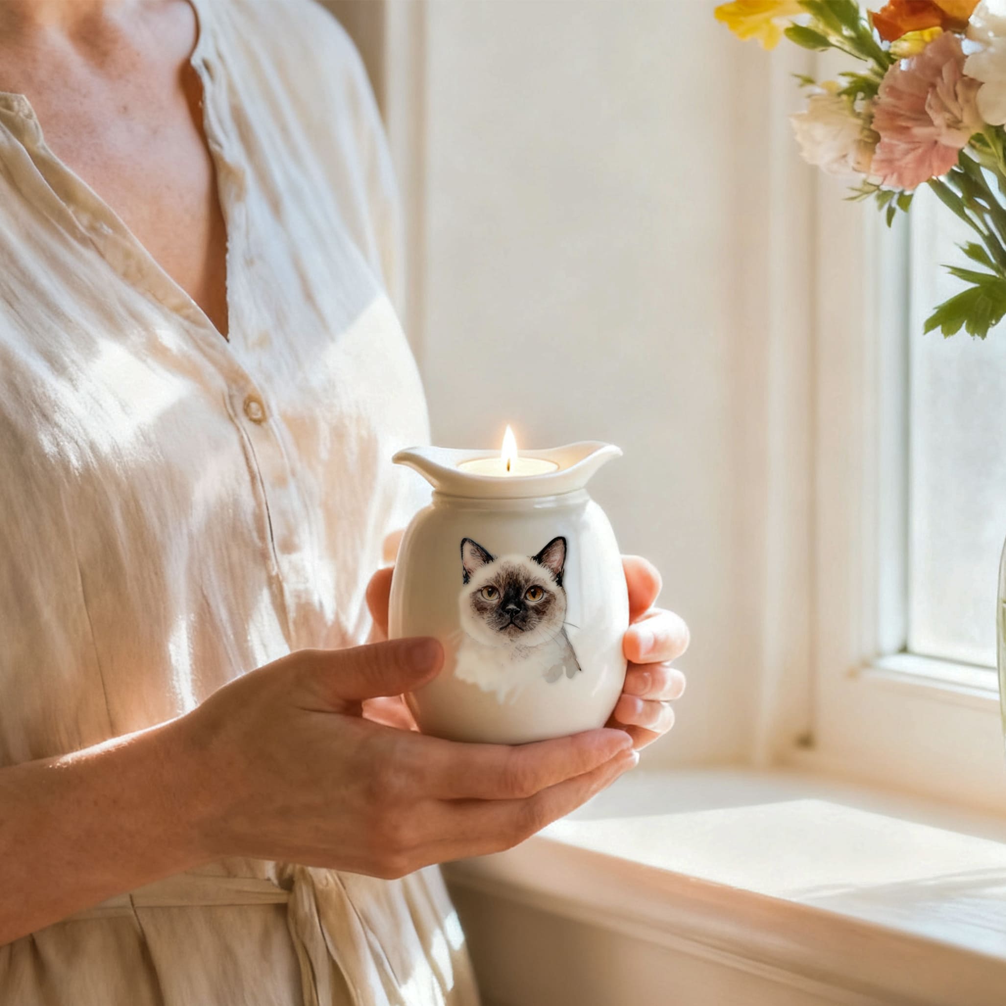 Personalized Dog Urns for Ashes With Candle Holder–Luxury Ceramic Pet Urns for Cat or Dog,Hand-Painting Portrait,Name&Date,Pet Loss Gift