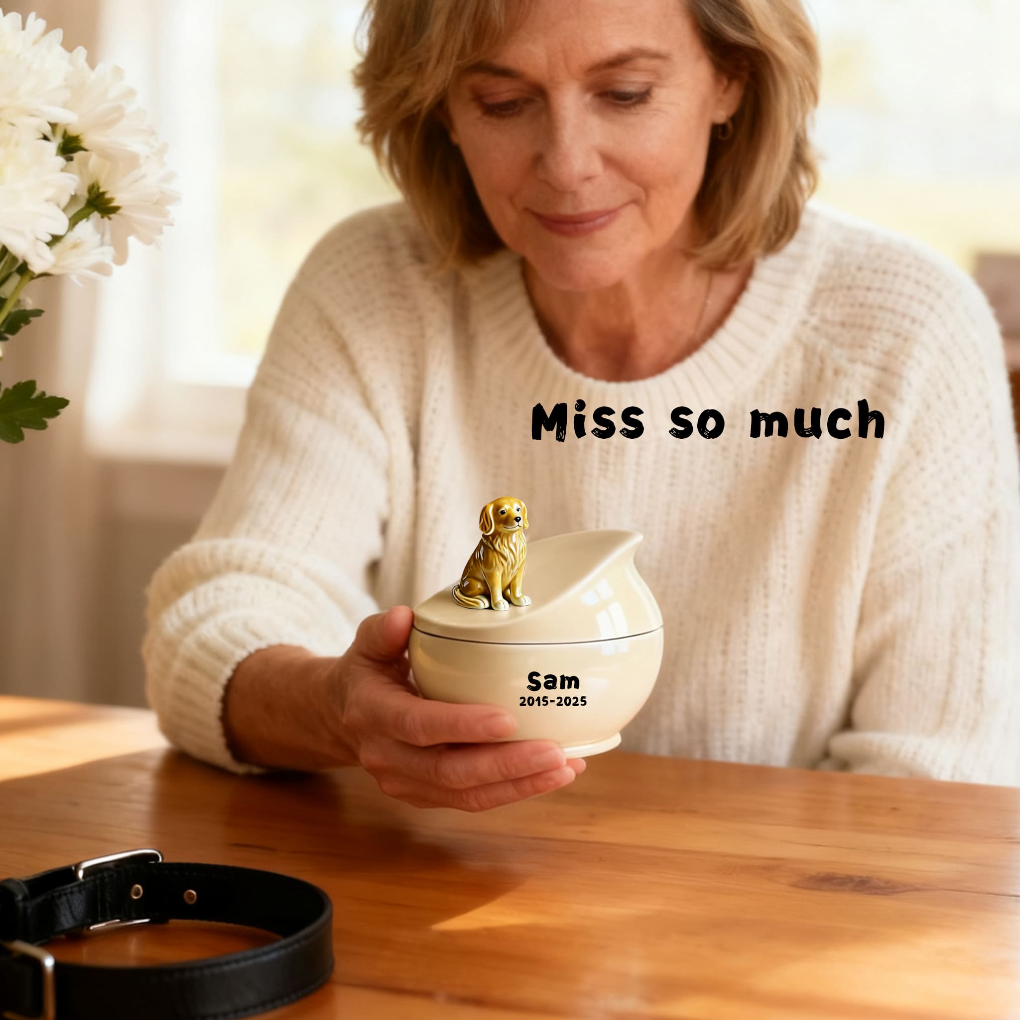 Personalized Dog Memorial Urn | Custom Ceramic Ashes Urn with Portrait, Name & Dates