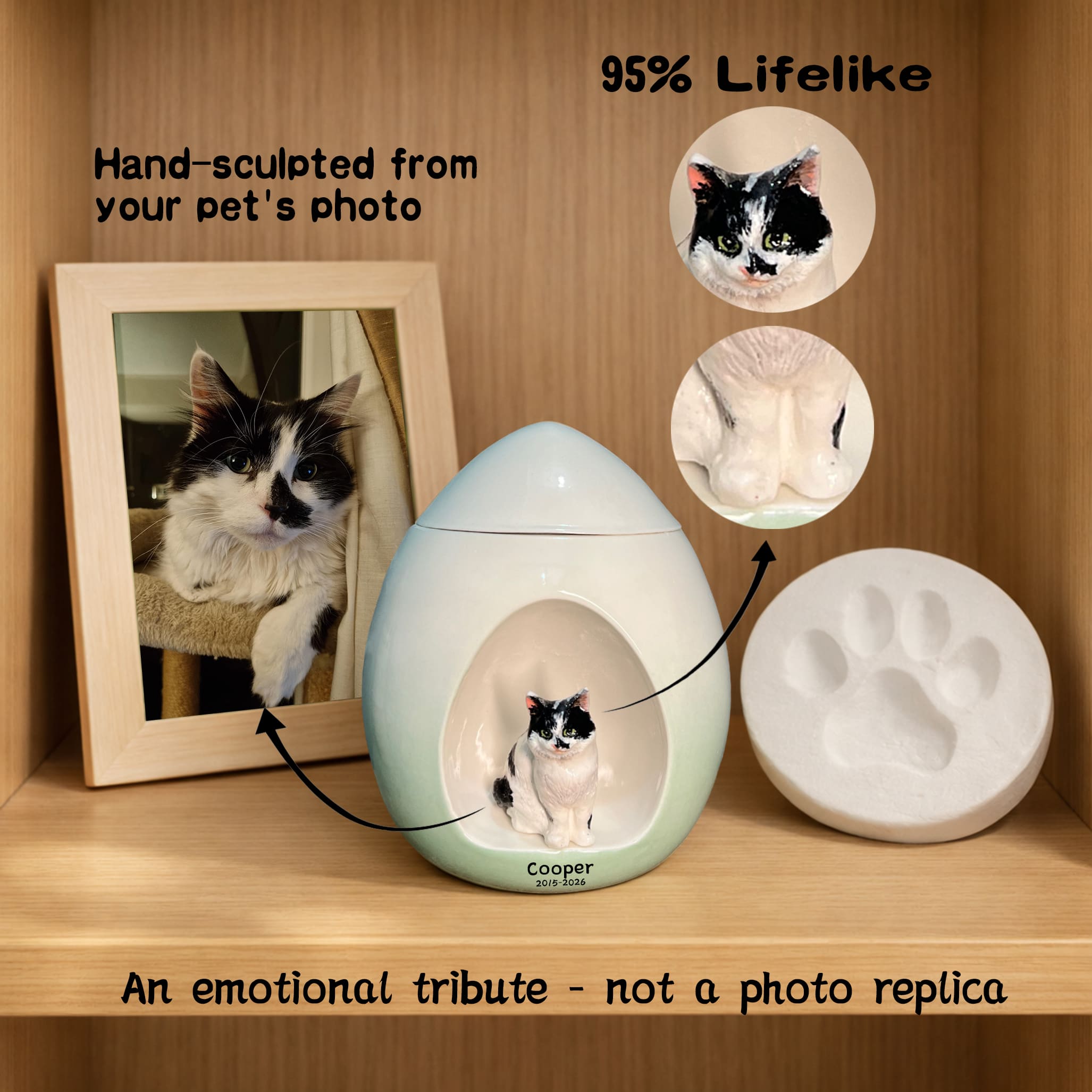 Teardrop Cat Urn – Custom Ceramic Cat Urn with 95% Lifelike Hand-Sculpted Portrait, Personalized Name & Date, Emotional Tribute