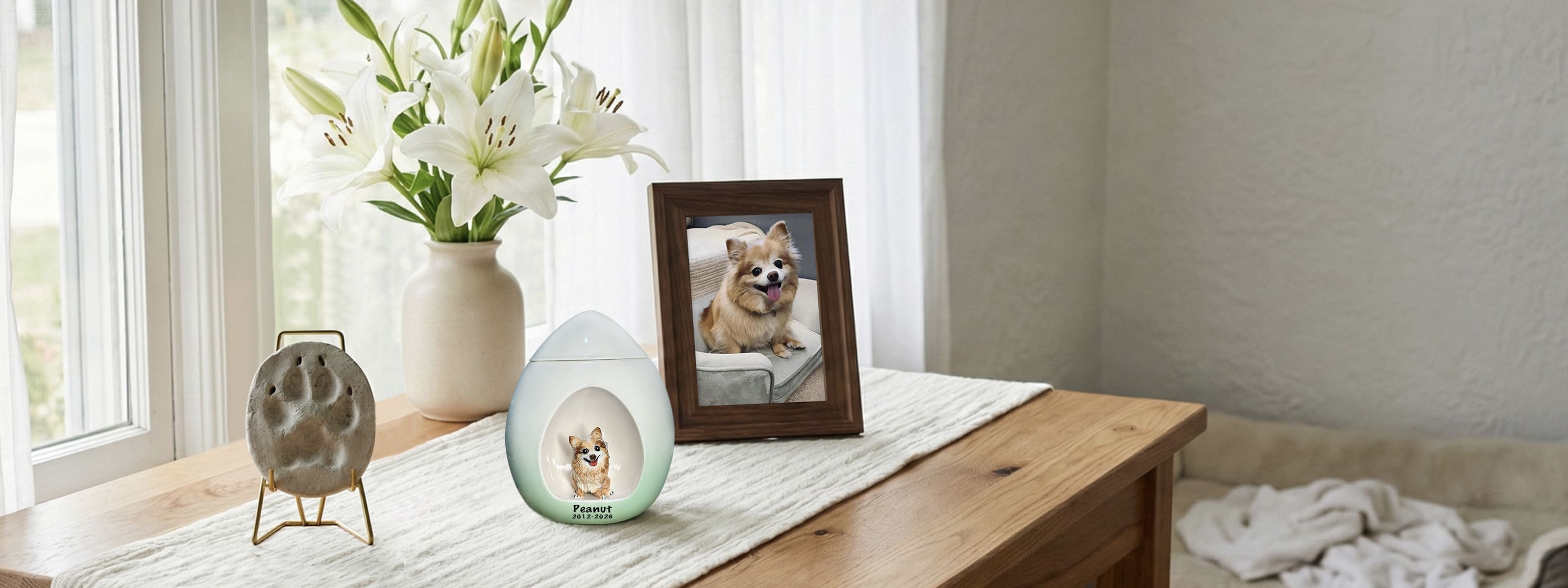 Handcrafted ceramic pet memorial urn displayed in a calm, home setting.