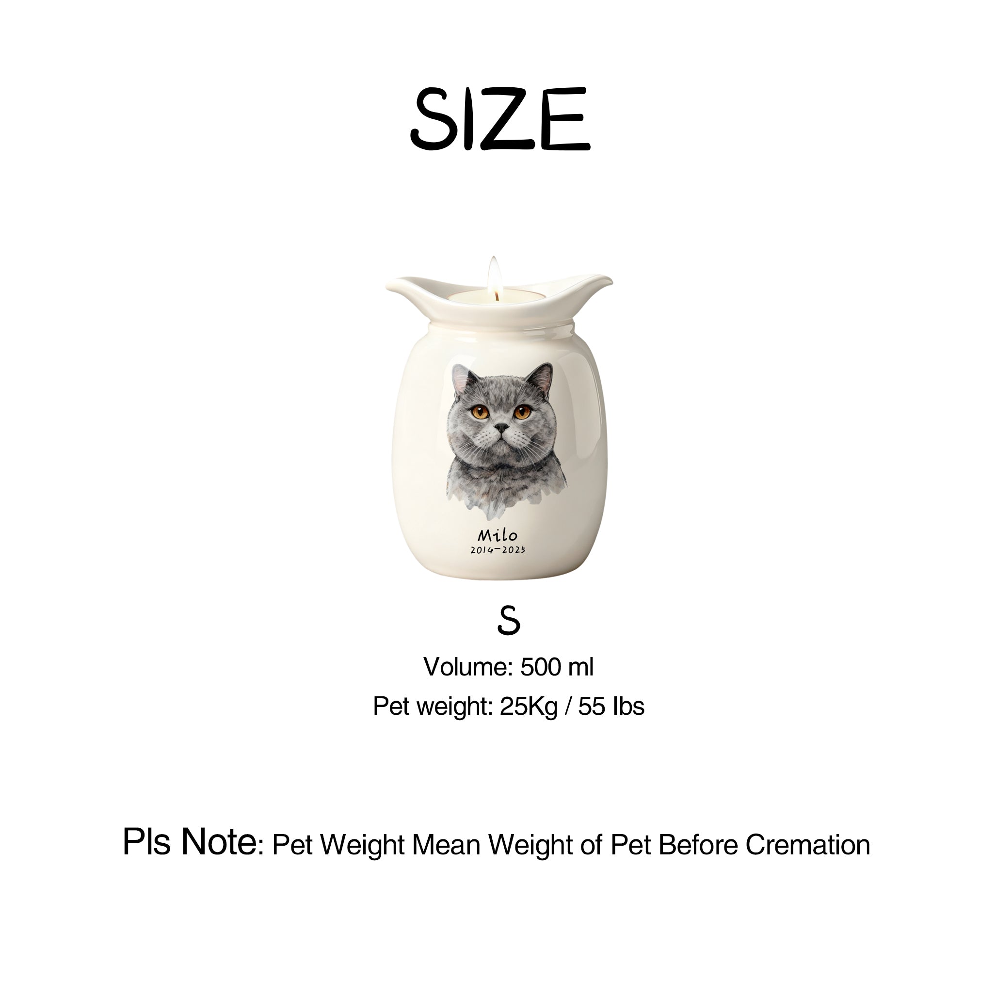 Cat Urn with Candle – Personalized Ceramic Memorial Urn for Pet Ashes, Custom Name & Dates