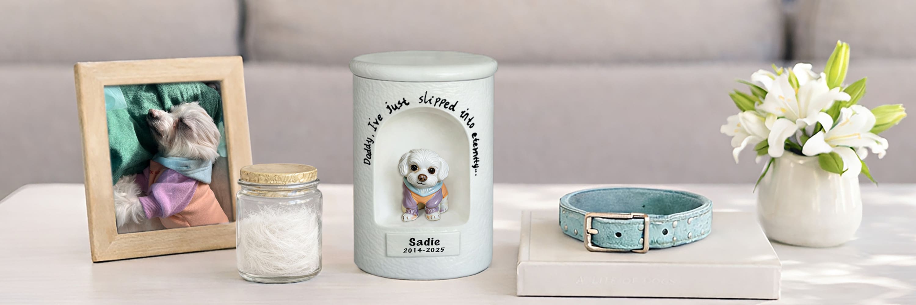 All Pet Memorial Collection Banner (Desktop) – Custom Cylinder Pet Urn for Maltese Sadie with Personalized Portrait