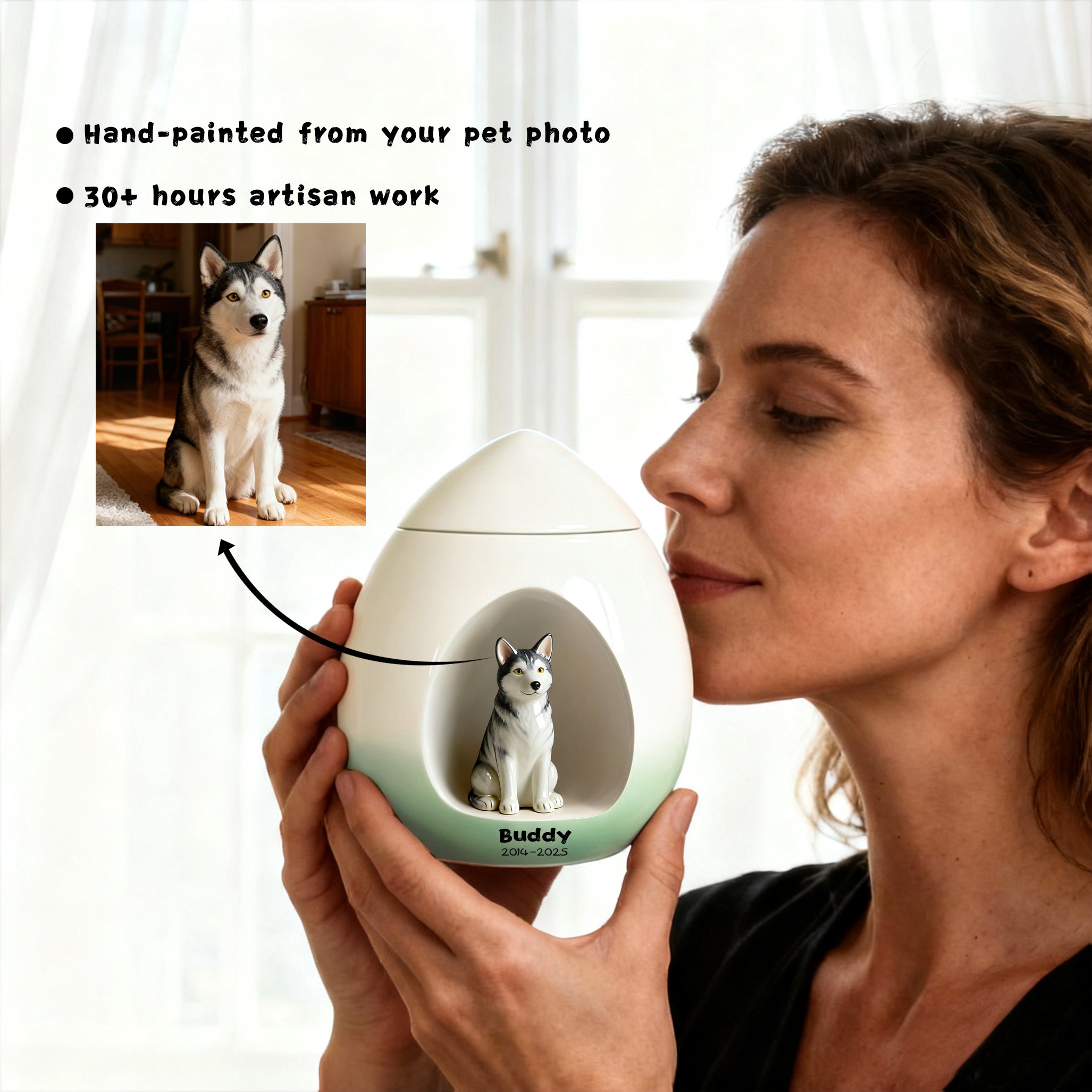 Personalized Ceramic Pet Urns – Lifelike Cat/Dog Portrait, Name & Date | Pet Loss Gift