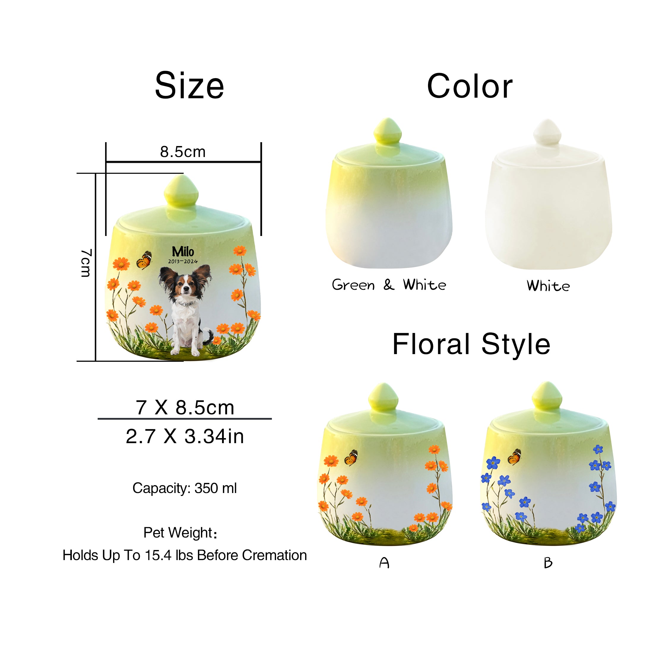 Personalized Dog Urn, Hand-Painted Ceramic Portrait,Name and Date,Floral, Pet Memorial Keepsake, Forever Home & Comfort for Beloved Fur Baby