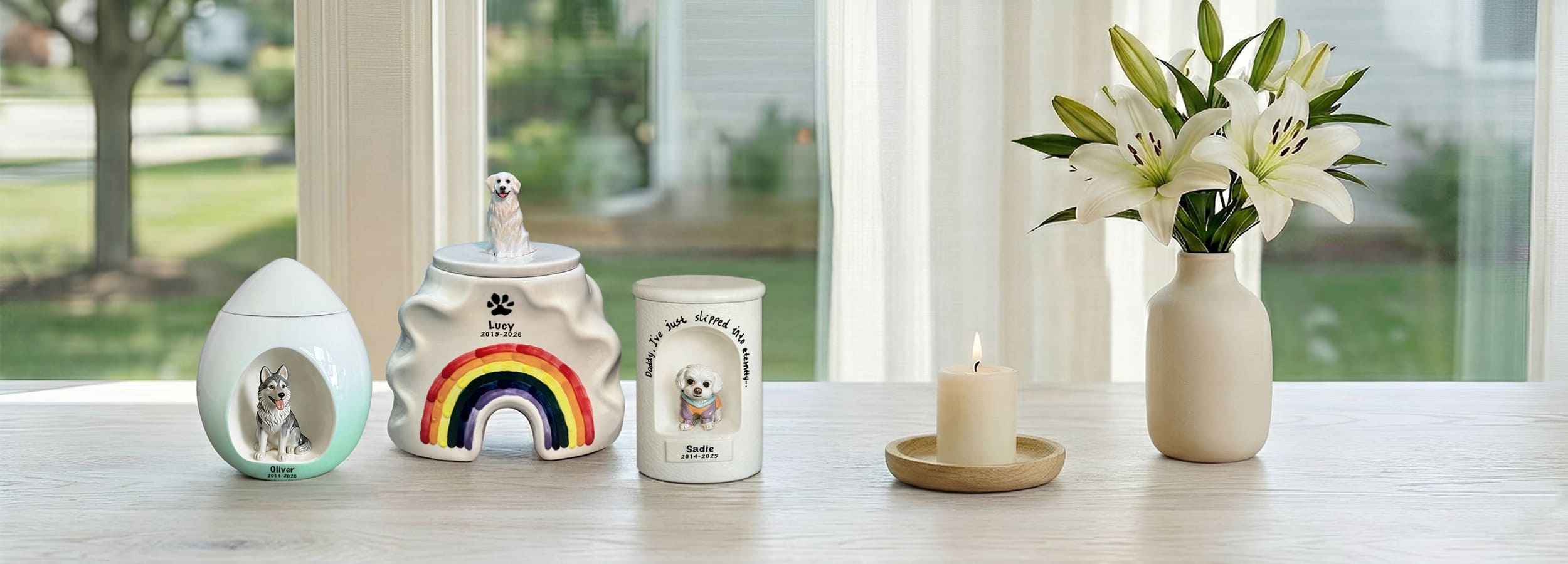 Pet Memorial Selection Guide Page Banner (Desktop) – Comprehensive Range of Custom Pet Urns for Dogs and Cats