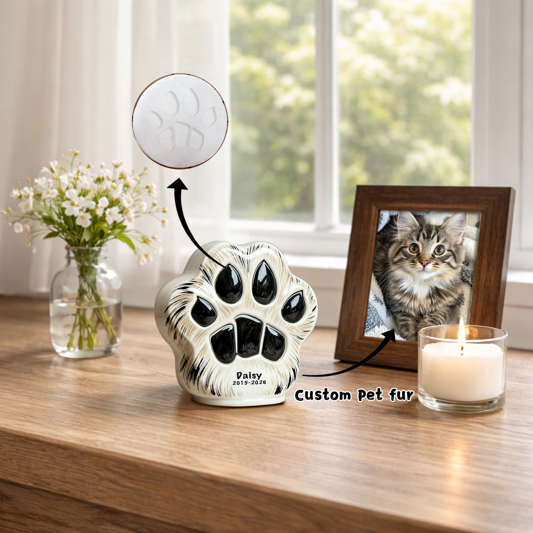 Paw Print Pet Urn – Custom Ceramic Memorial for Maine Coon Daisy, Keep Your Pet's Paw Print Forever
