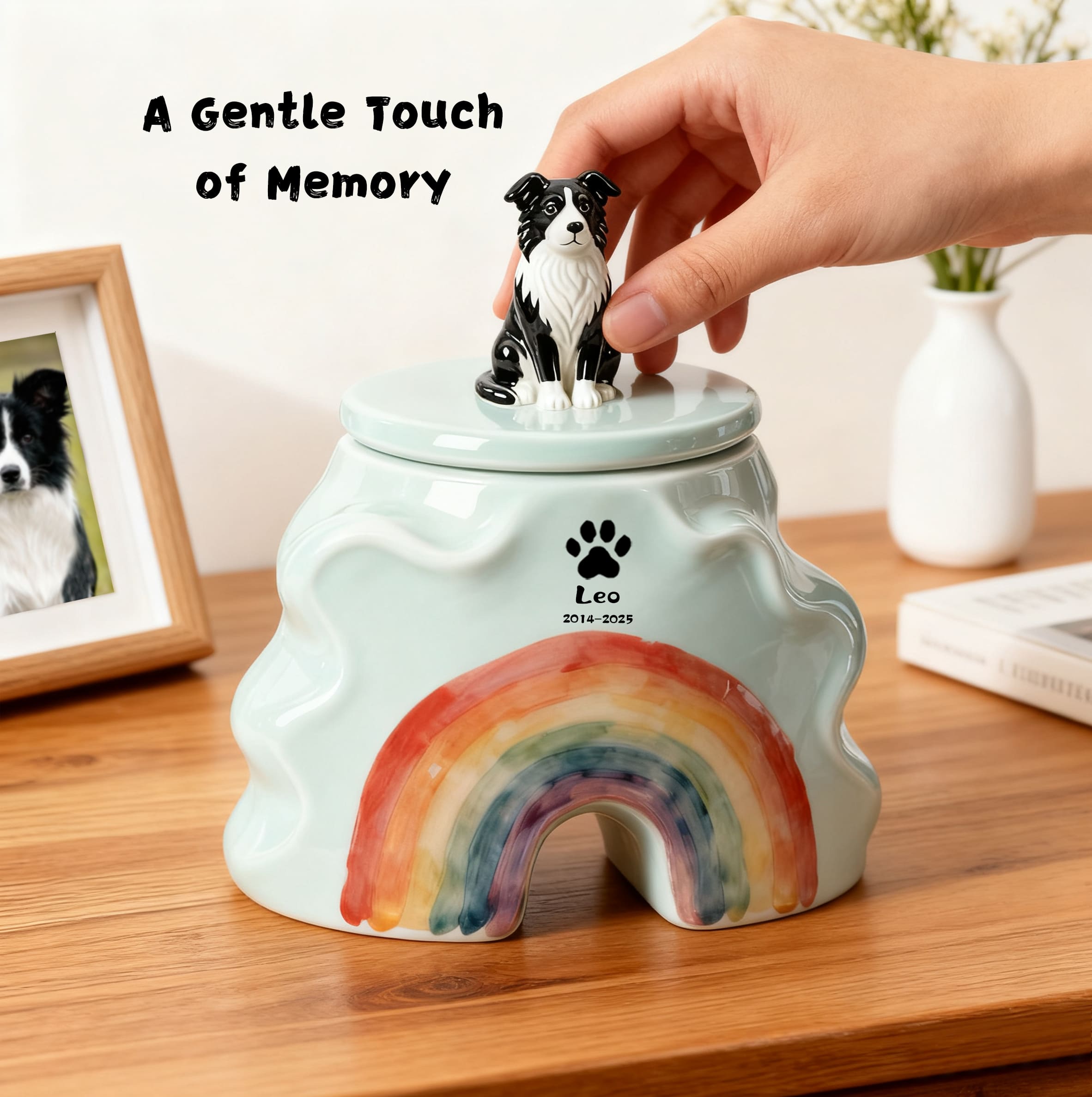 Personalized Dog Urns for Ashes – Hand-Painted Ceramic Rainbow Bridge Memorial, Paw Print, Name & Date,Portrait Figurines,Pet Loss Keepsake