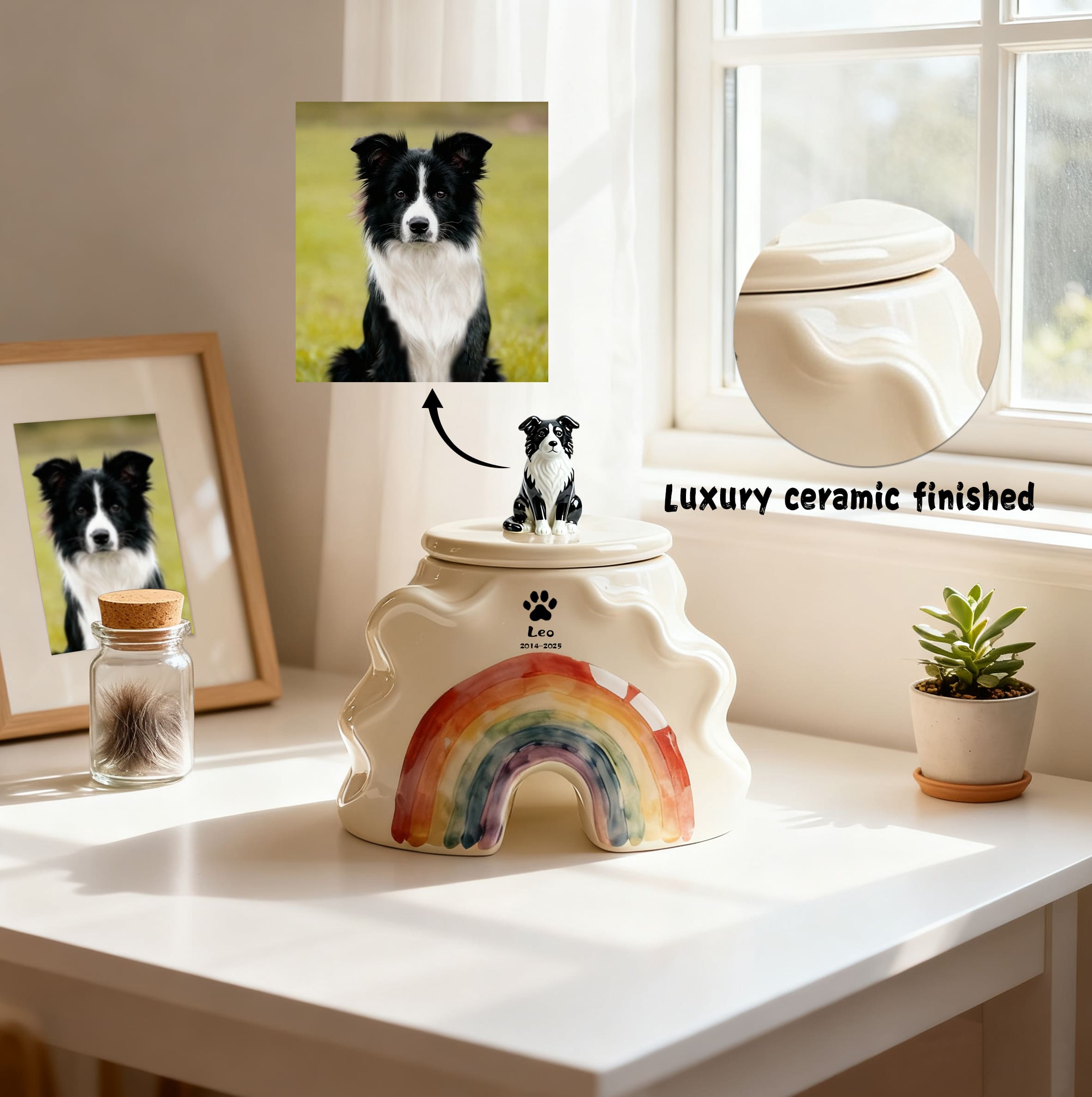 Personalized Dog Urns for Ashes – Hand-Painted Ceramic Rainbow Bridge Memorial, Paw Print, Name & Date,Portrait Figurines,Pet Loss Keepsake