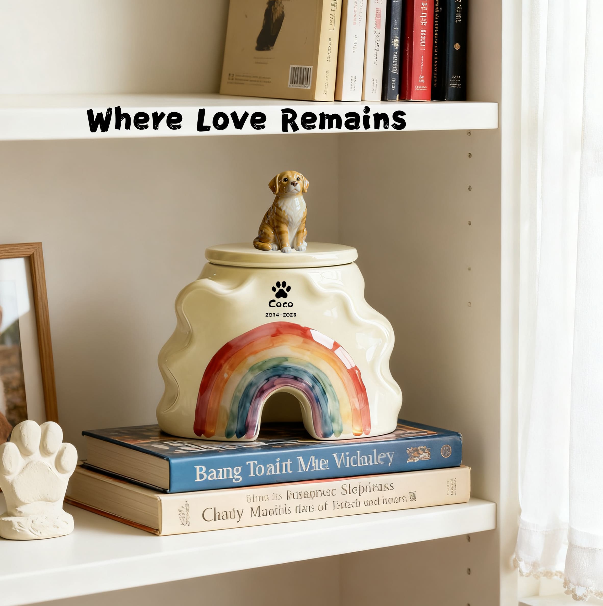Personalized Dog Urns for Ashes – Hand-Painted Ceramic Rainbow Bridge Memorial, Paw Print, Name & Date,Portrait Figurines,Pet Loss Keepsake