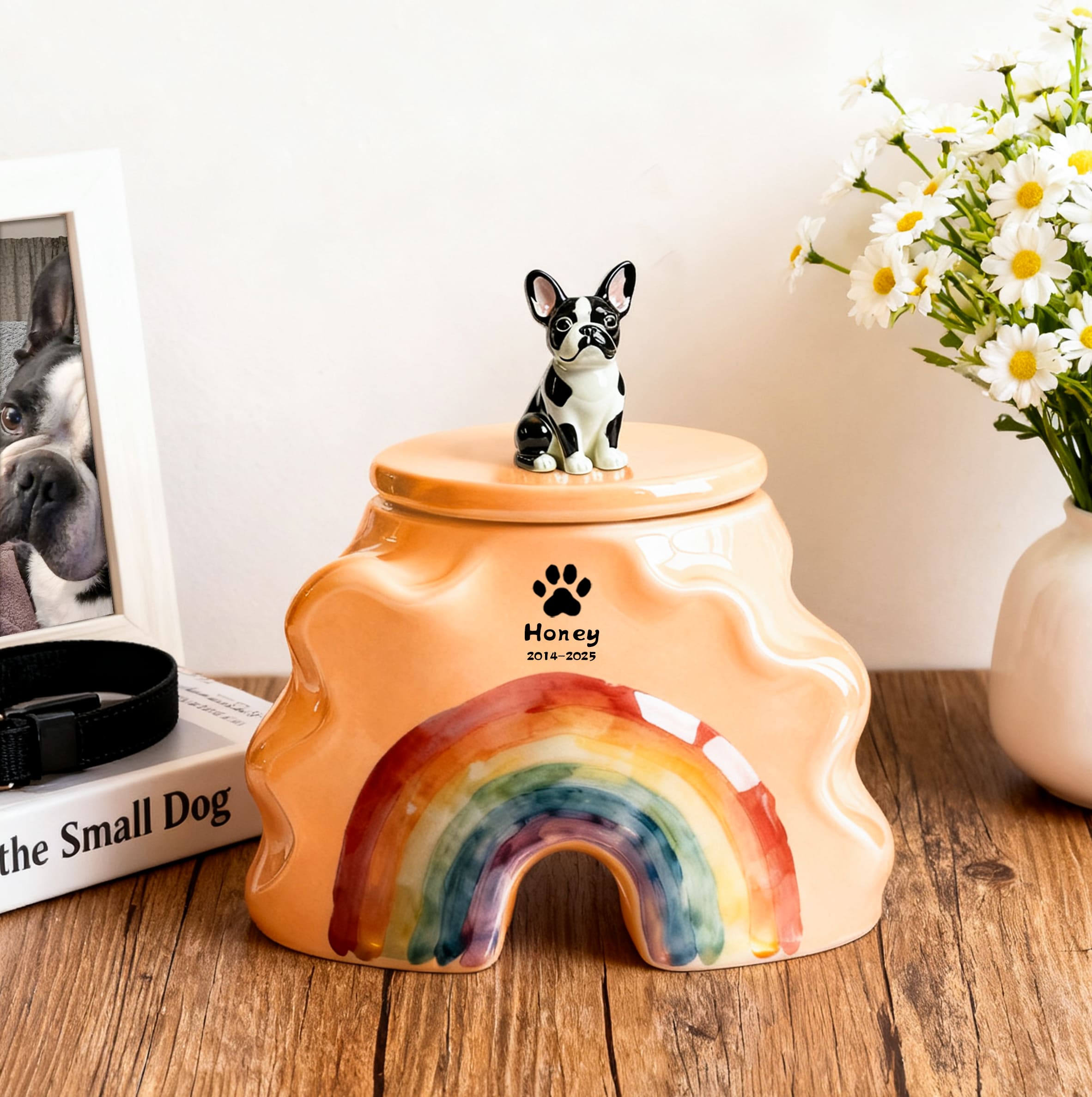 Personalized Dog Urns for Ashes – Hand-Painted Ceramic Rainbow Bridge Memorial, Paw Print, Name & Date,Portrait Figurines,Pet Loss Keepsake