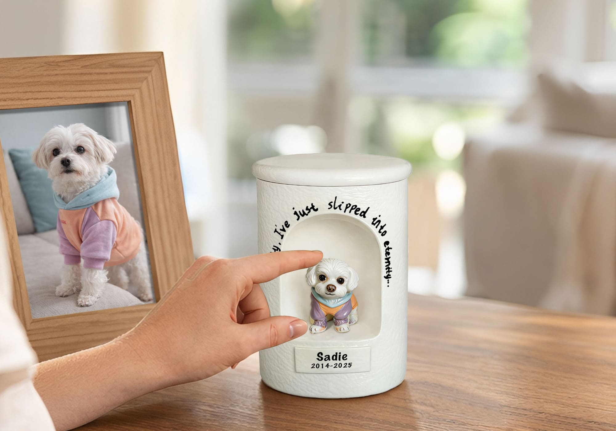 Personalized pet urn with handmade ceramic figurine displayed in a natural home setting, designed to blend beautifully into everyday spaces with subtle and meaningful details