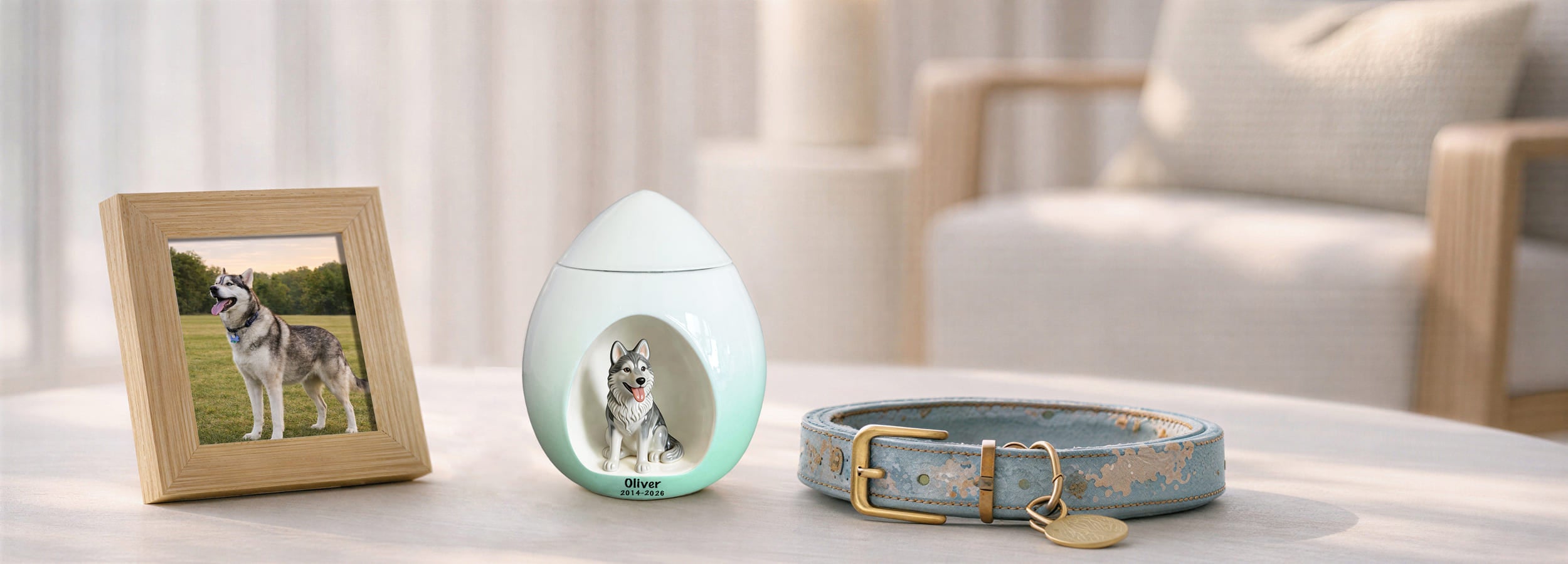 Pet memorial guide banner featuring a ceramic dog urn displayed with framed photo and collar in a calm home setting.