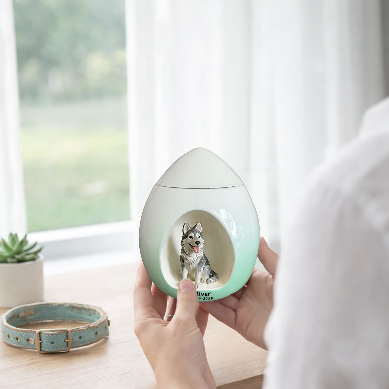 Teardrop Pet Urn – Custom Ceramic Dog Urn with Personalized Husky Portrait, Name & Date, Placement: Bring Them Home, No Need to Rush Healing