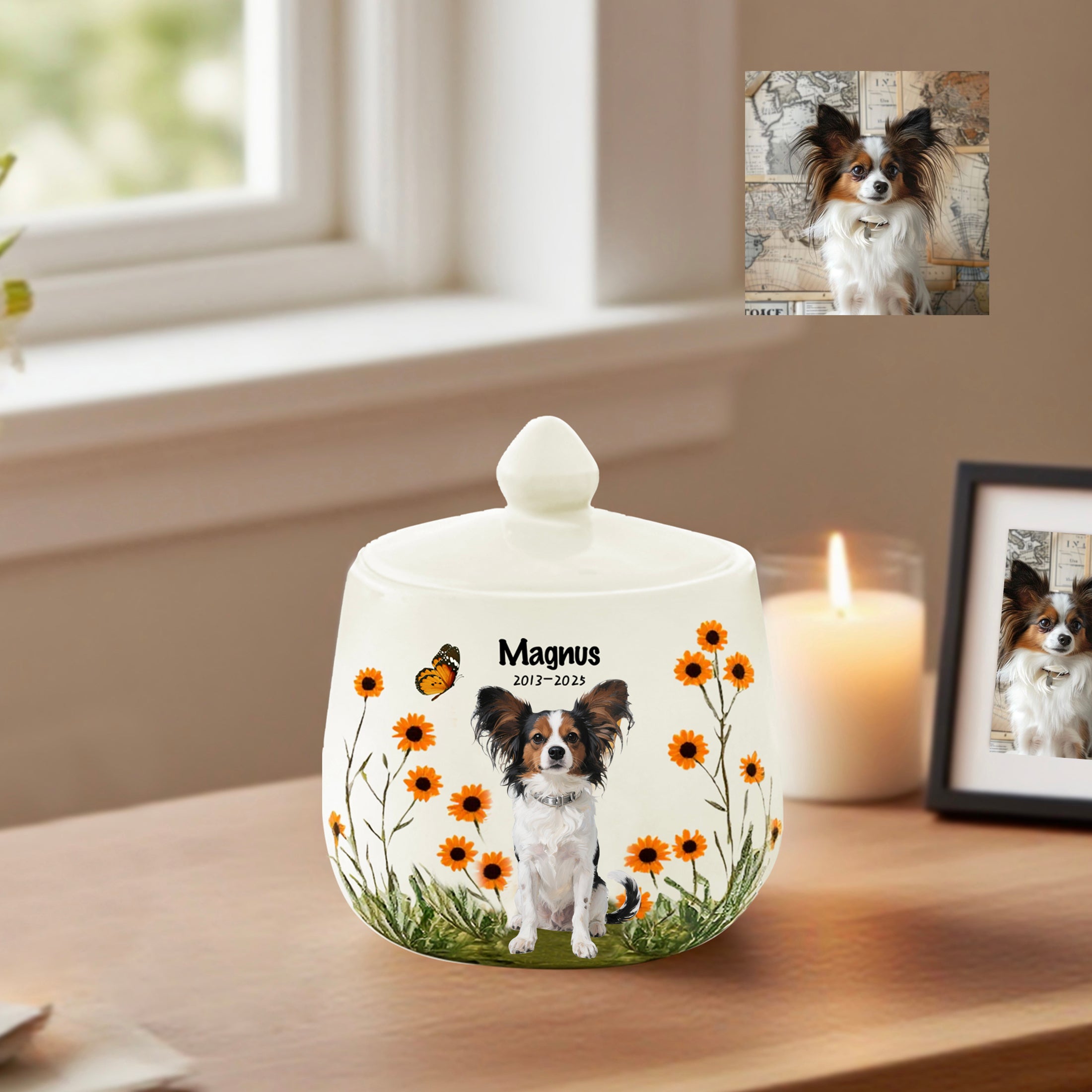 Personalized Dog Urn, Hand-Painted Ceramic Portrait,Name and Date,Floral, Pet Memorial Keepsake, Forever Home & Comfort for Beloved Fur Baby