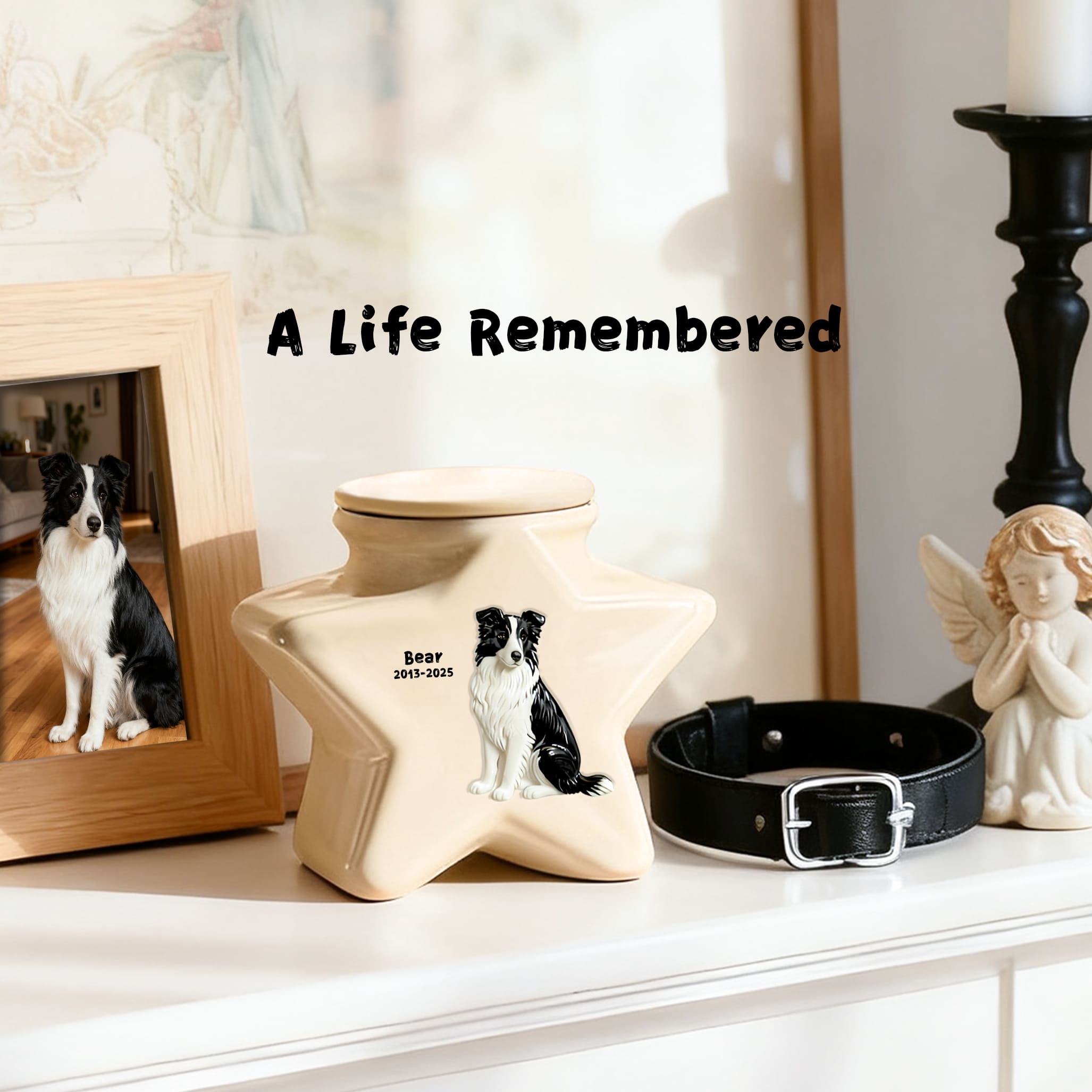 Custom Personalized Border Collie Pet Urn - Engraved Star Ceramic Dog Ashes Memorial