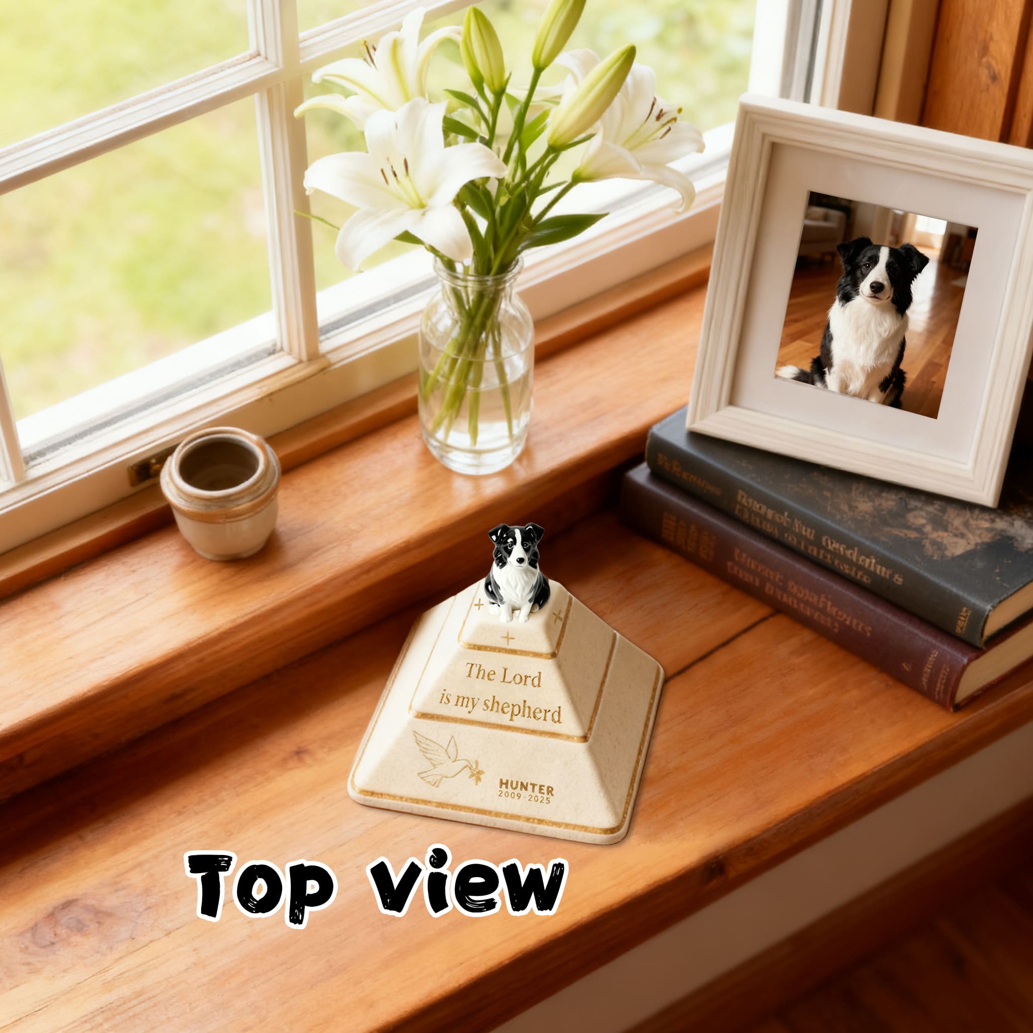 Personalized Pyramid Dog Urn – Custom Pet Ashes Urn with Hand-Sculpted Portrait & Name