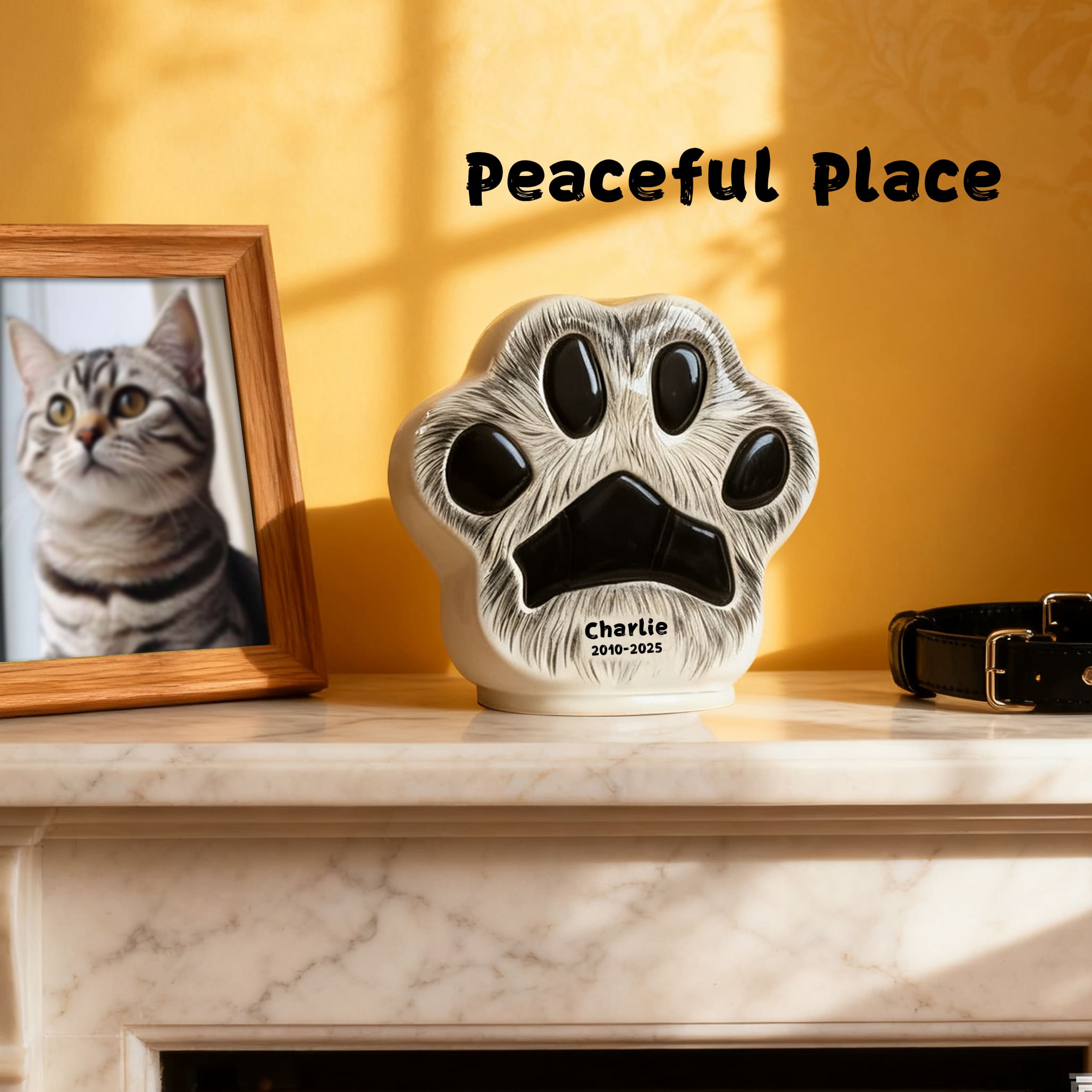 Custom Cat Urn - Paw Print Shape with Engraved Name & Pet Fur Pattern | Personalized Feline Memorial Jar