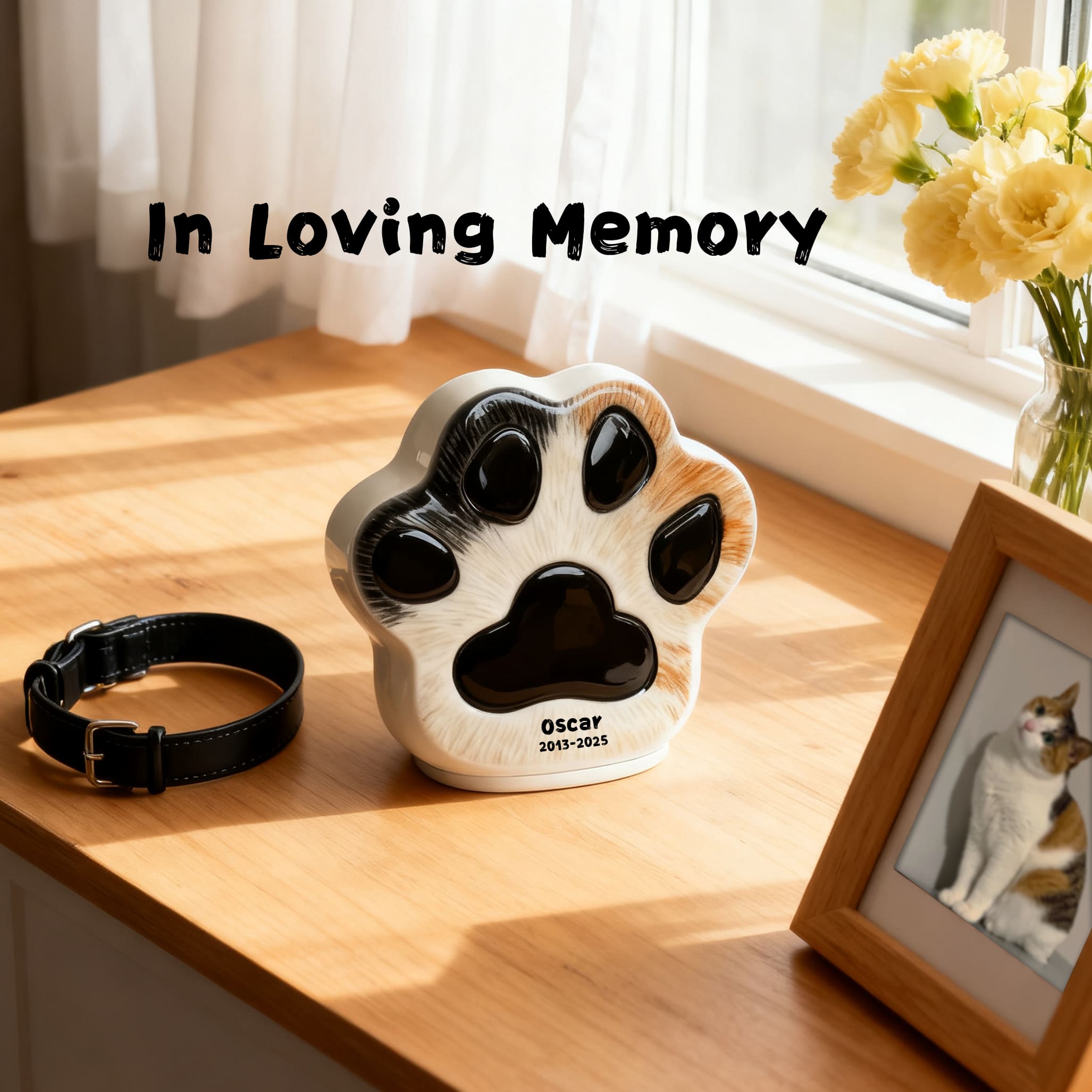 Custom Cat Urn - Paw Print Shape with Engraved Name & Pet Fur Pattern | Personalized Feline Memorial Jar