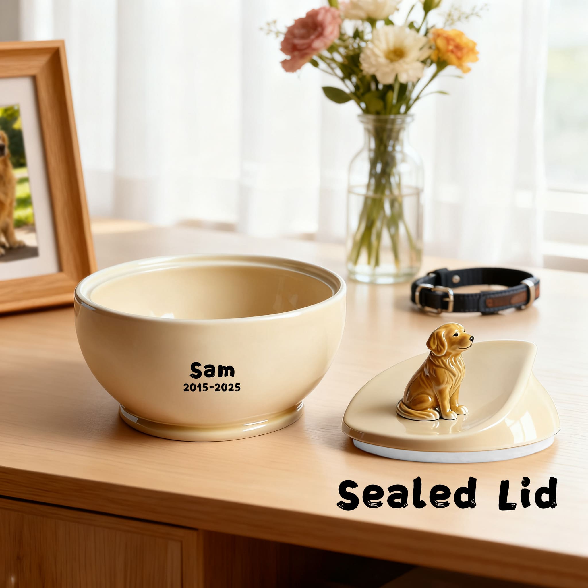 Personalized Dog Memorial Urn | Custom Ceramic Ashes Urn with Portrait, Name & Dates