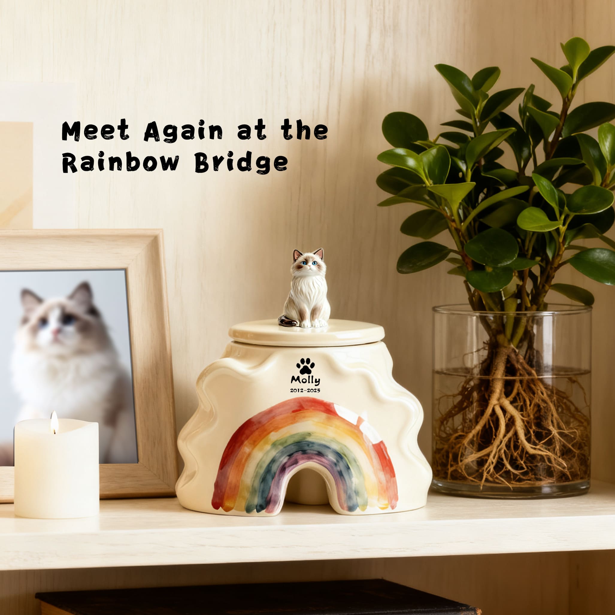 Bespoke Cat Memorial Urn - Rainbow Bridge Themed with Custom Engraving