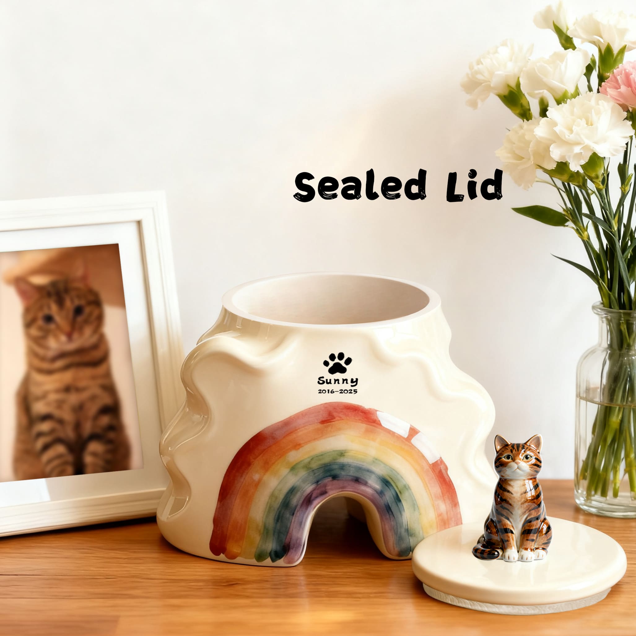 Bespoke Cat Memorial Urn - Rainbow Bridge Themed with Custom Engraving