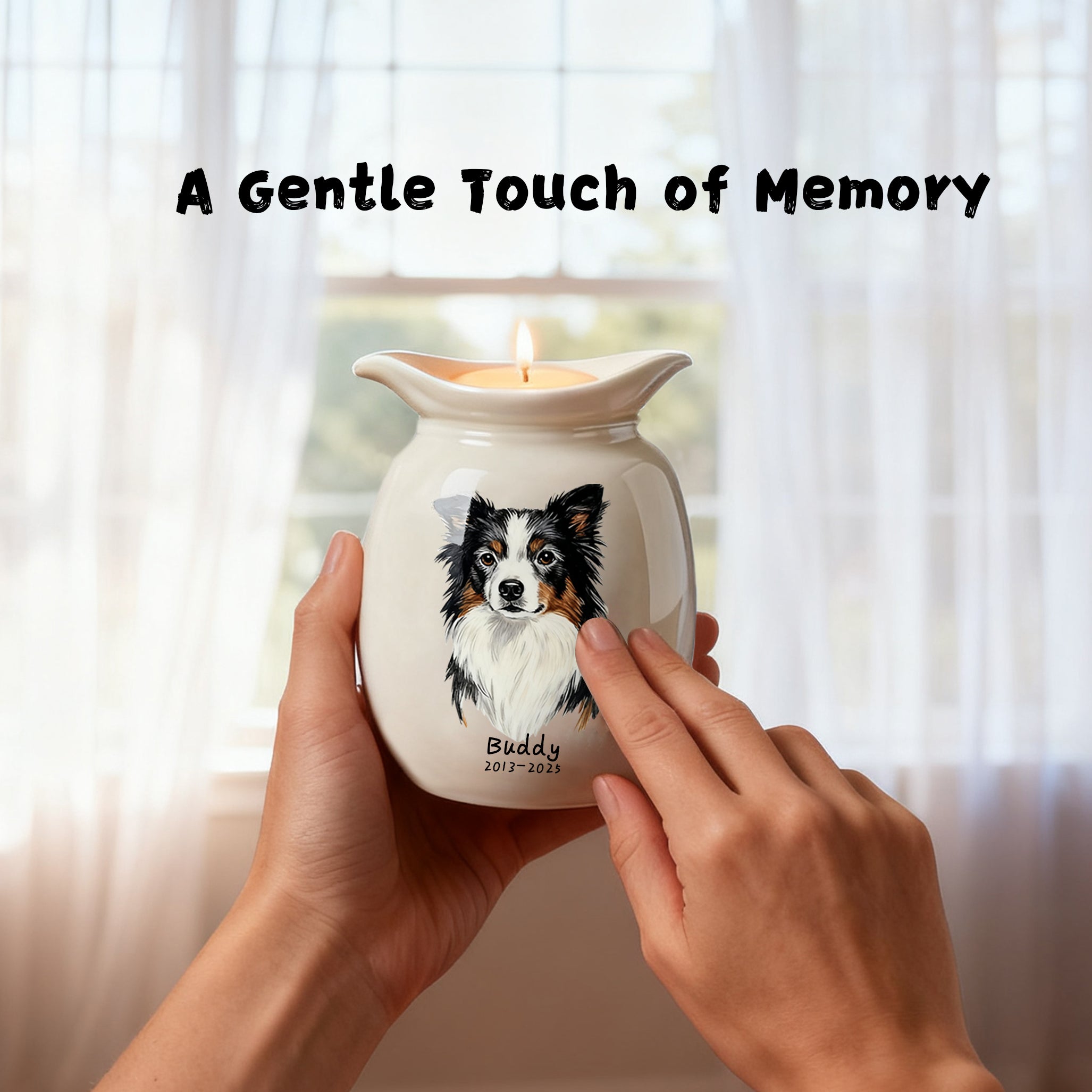 Personalized Dog Urns for Ashes With Candle Holder–Luxury Ceramic Pet Urns for Cat or Dog,Hand-Painting Portrait,Name&Date,Pet Loss Gift